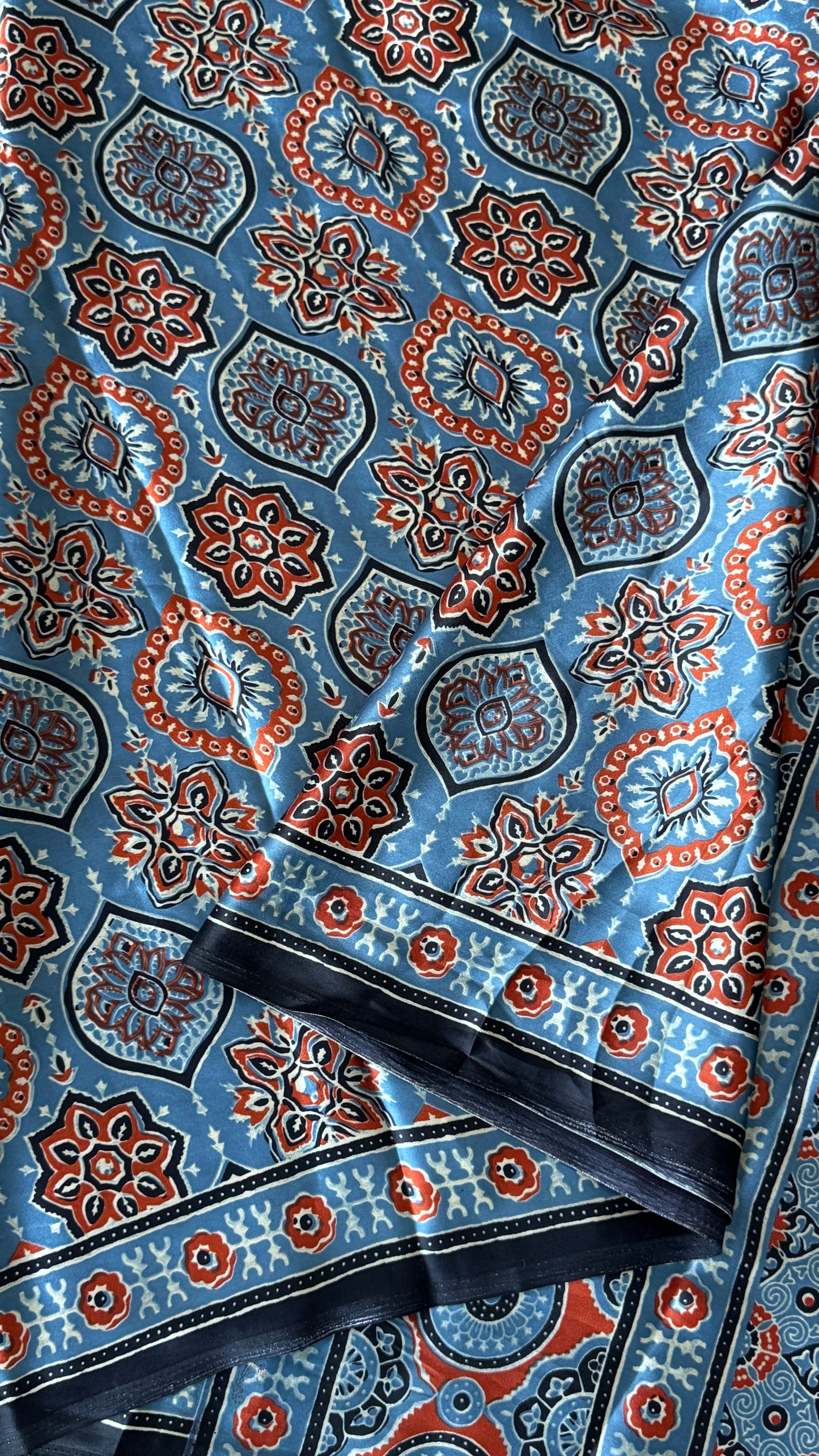 MODAL SILK SAREE WITH DIGITAL AJRAKH PRINTS - Denim Blue