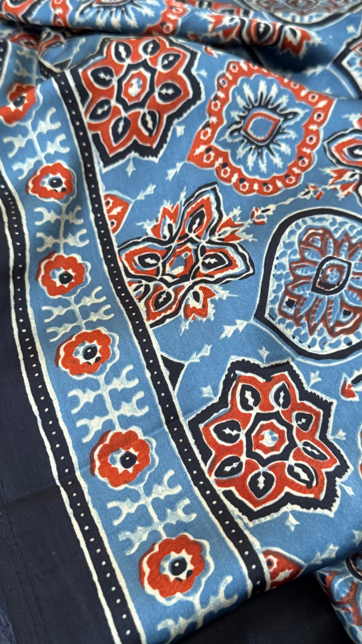 MODAL SILK SAREE WITH DIGITAL AJRAKH PRINTS - Denim Blue
