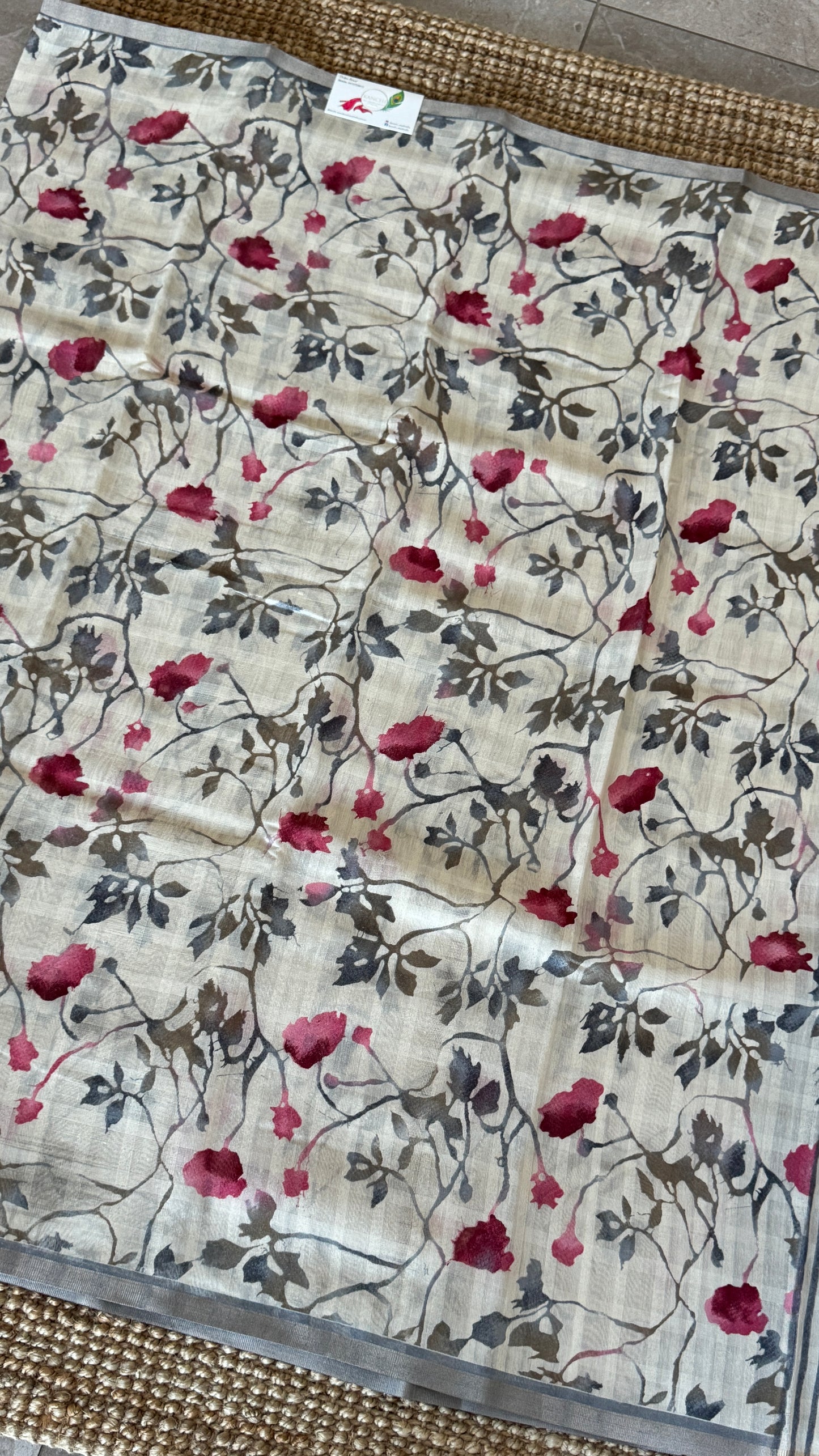 Floral Printed Soft Cotton Saree – Half White