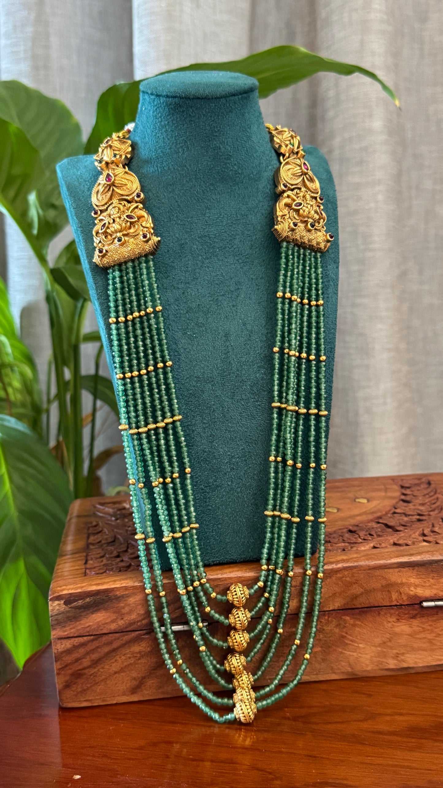 Gold Plated Long Green Beaded Temple jewellery Set and Jhumka