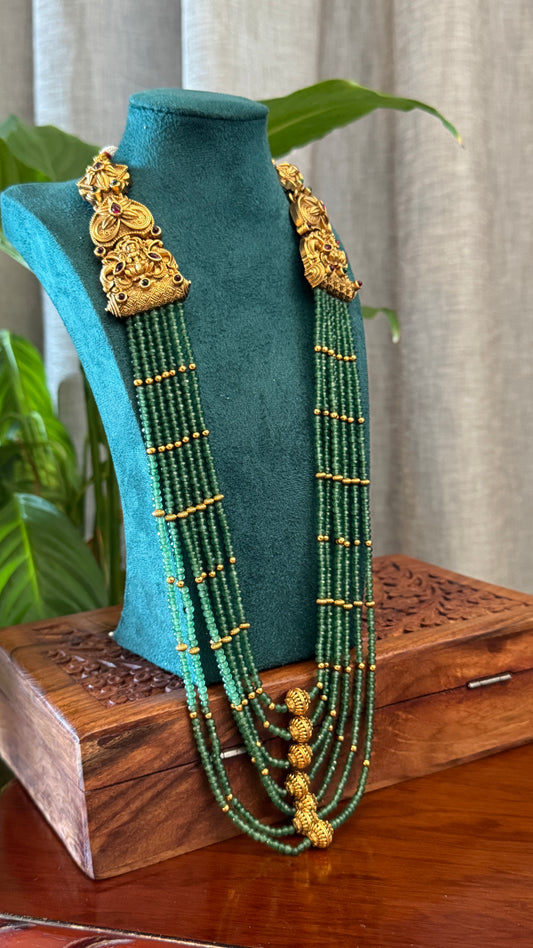 Gold Plated Long Green Beaded Temple jewellery Set and Jhumka