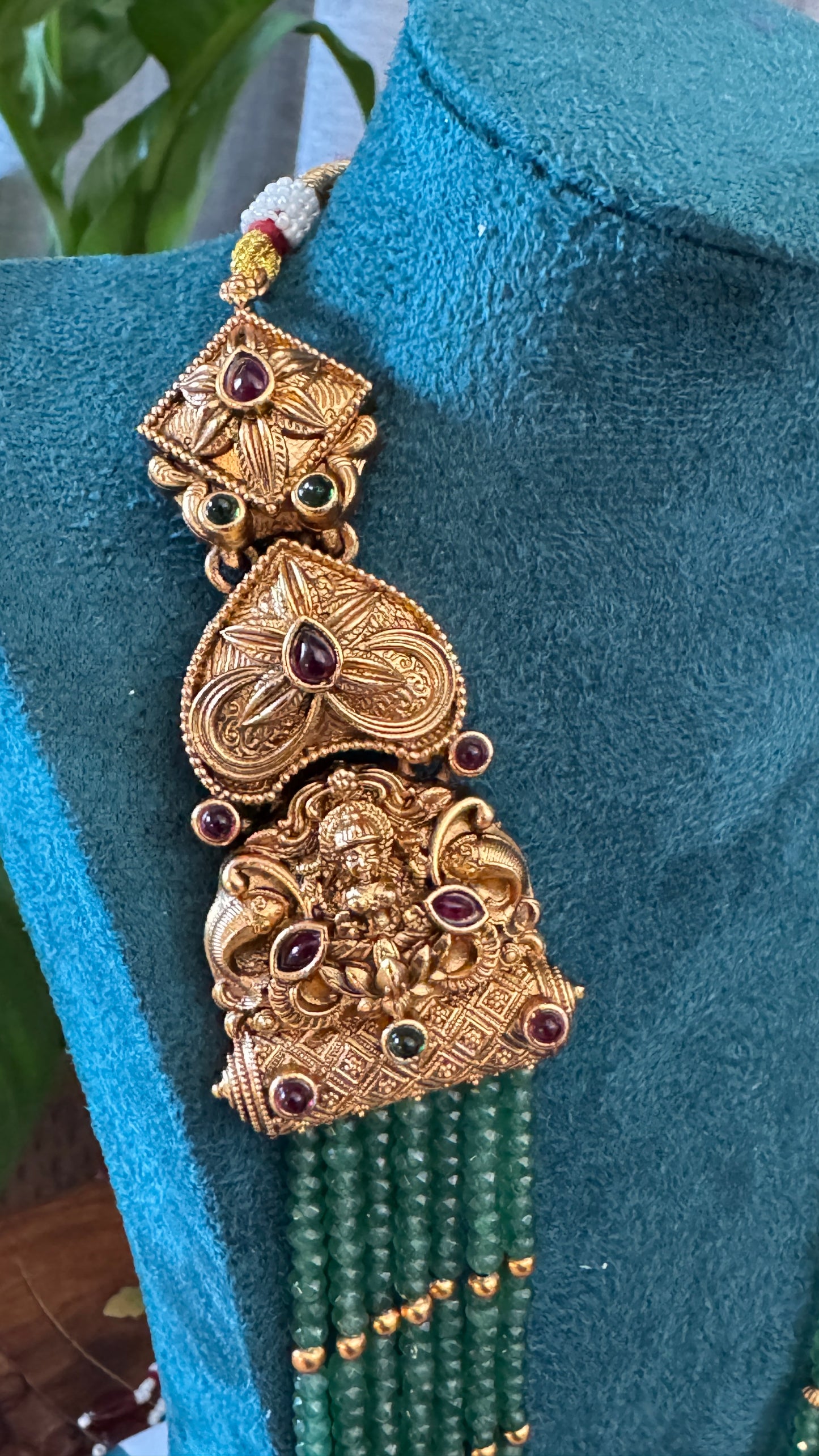 Gold Plated Long Green Beaded Temple jewellery Set and Jhumka