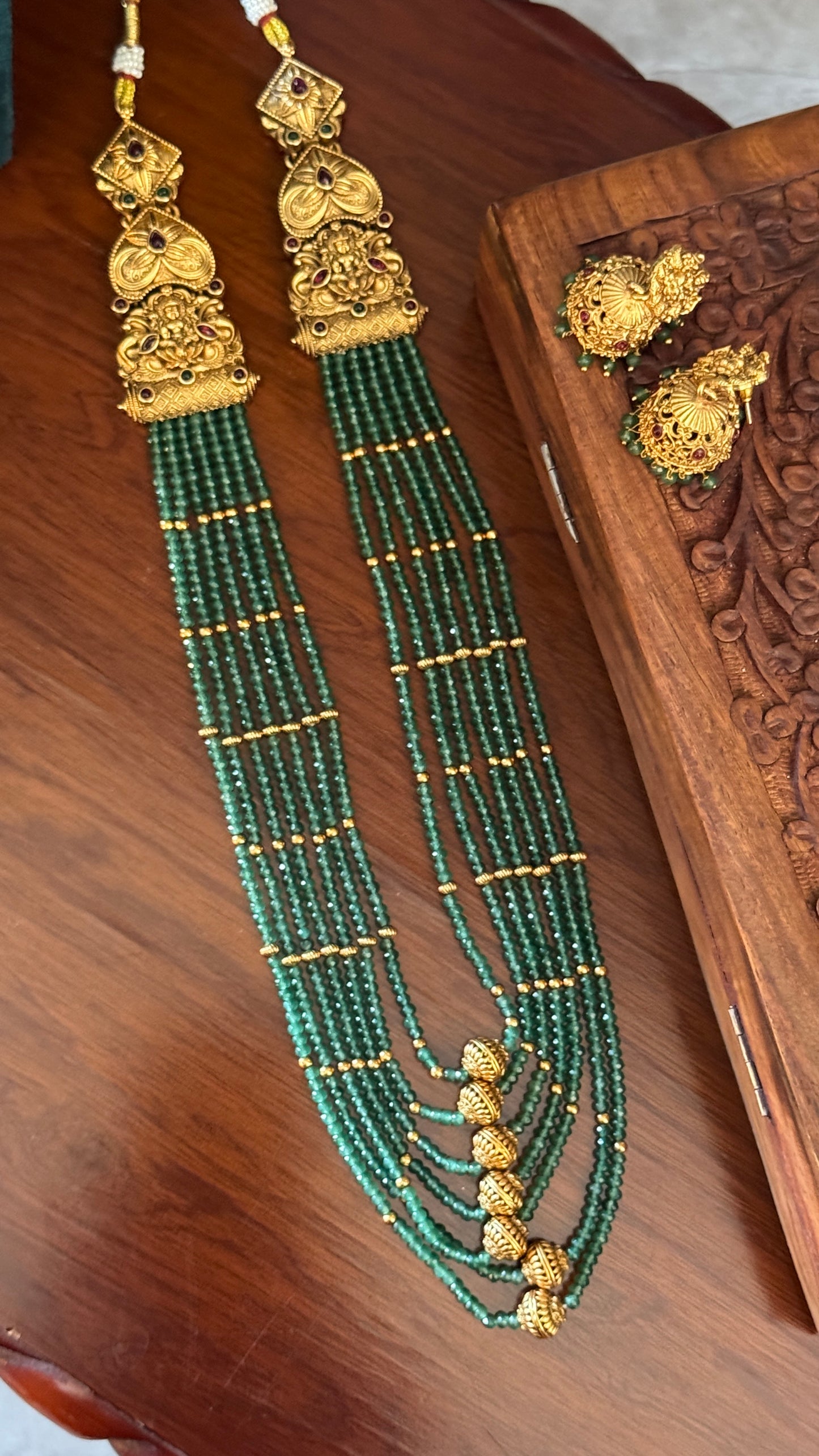 Gold Plated Long Green Beaded Temple jewellery Set and Jhumka