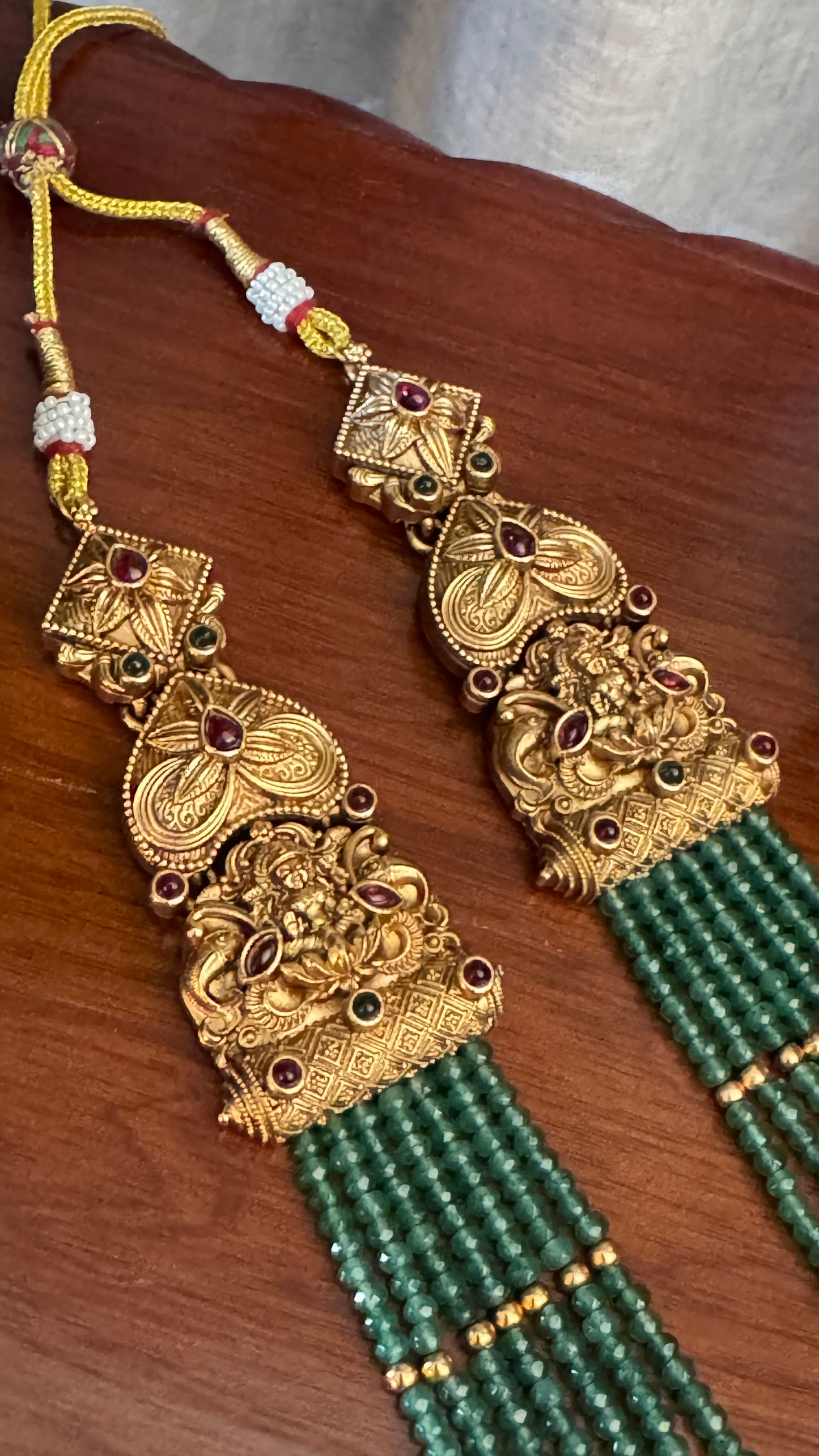 Gold Plated Long Green Beaded Temple jewellery Set and Jhumka