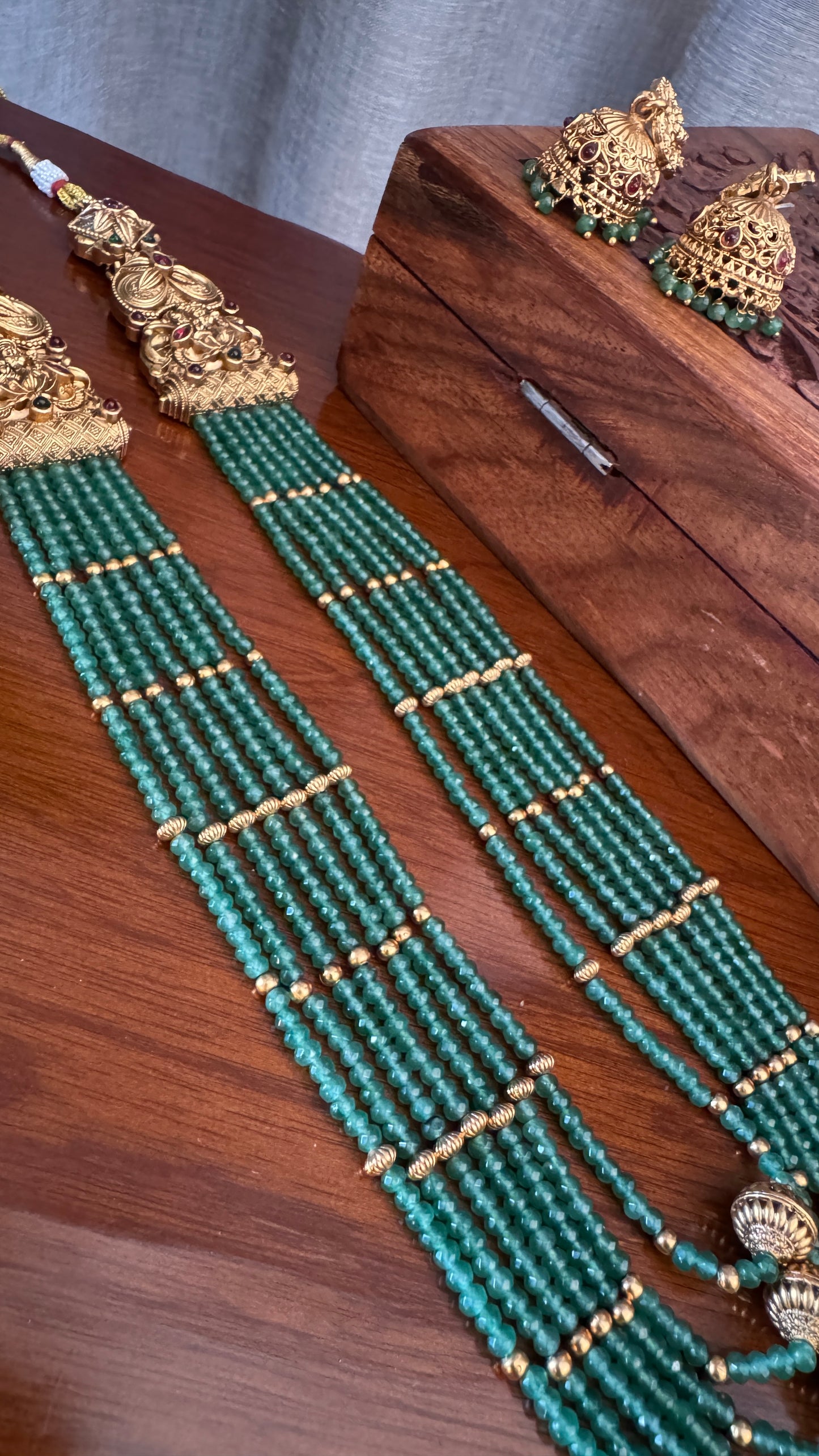 Gold Plated Long Green Beaded Temple jewellery Set and Jhumka
