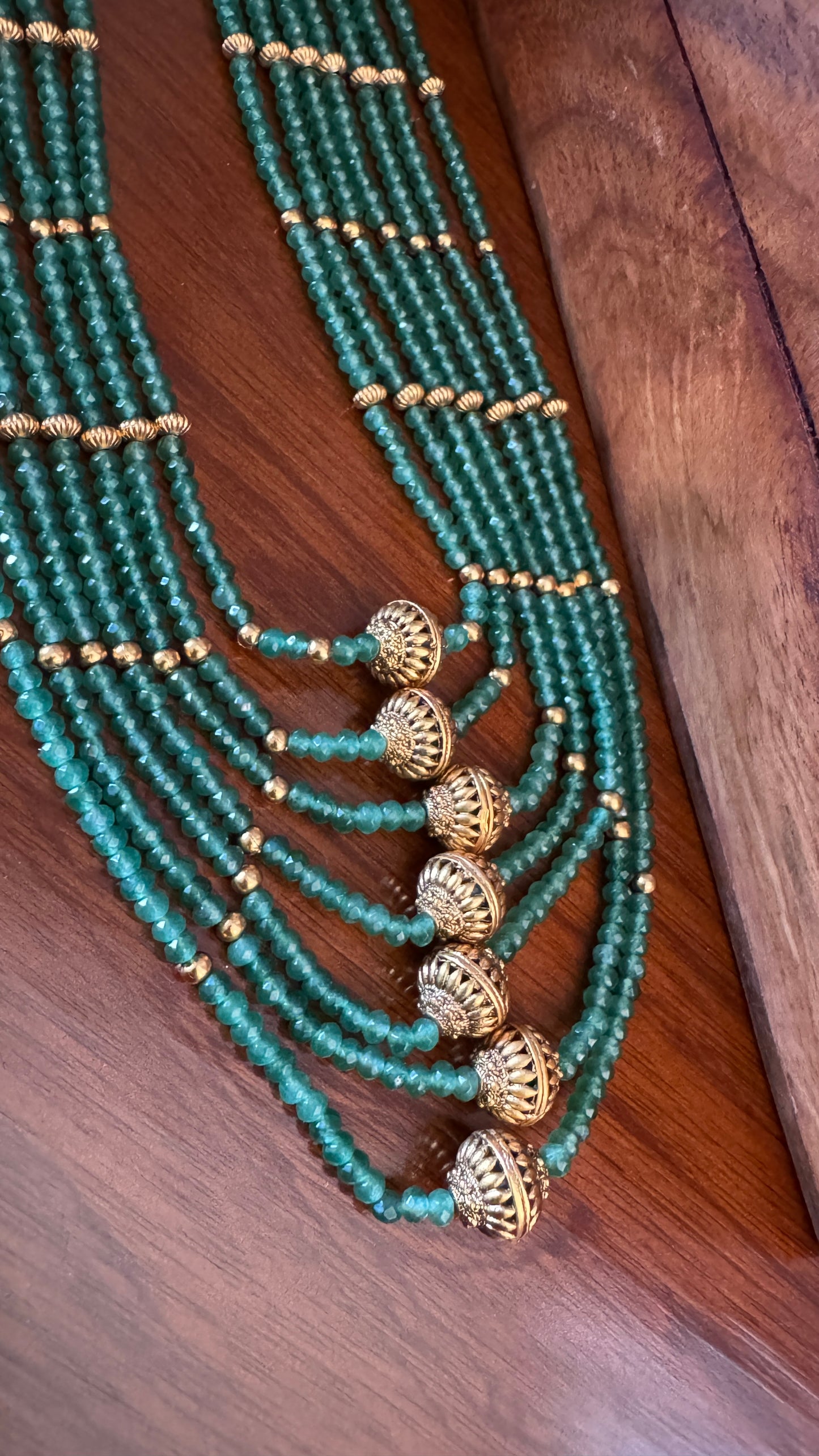 Gold Plated Long Green Beaded Temple jewellery Set and Jhumka