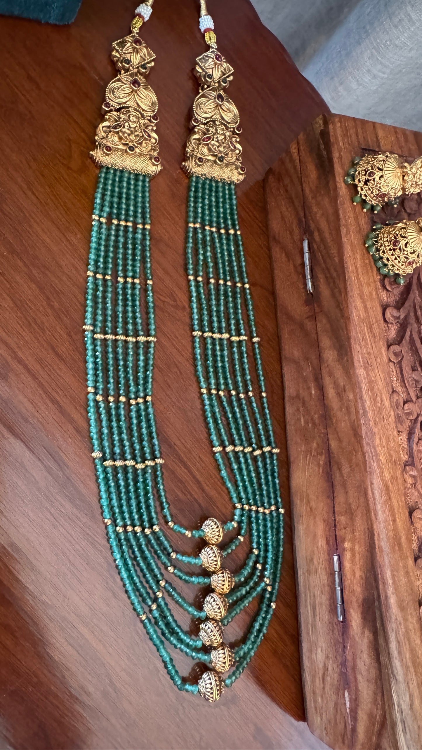 Gold Plated Long Green Beaded Temple jewellery Set and Jhumka