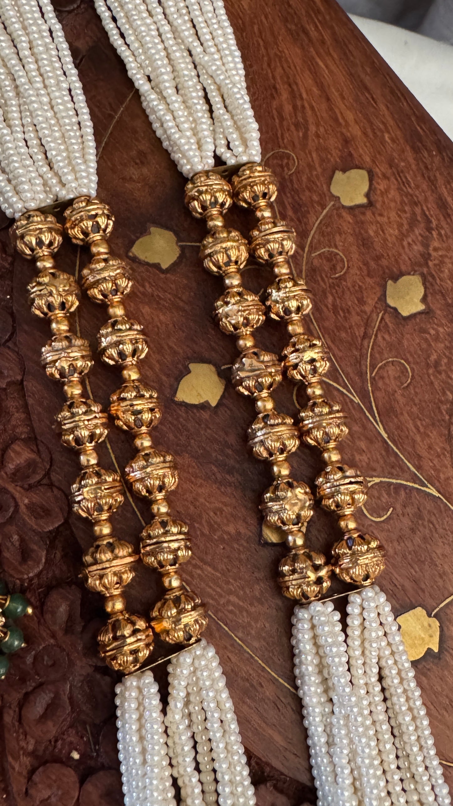 Gold Plated Long White Beaded Temple jewellery Set - Lakshmi Pendant and Jhumka