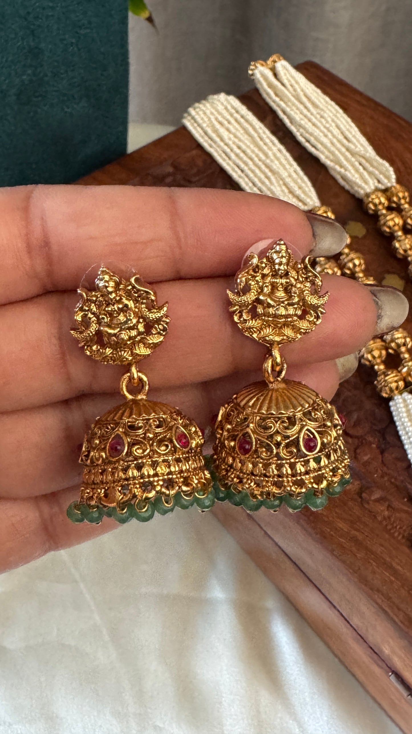 Gold Plated Long Green Beaded Temple jewellery Set and Jhumka