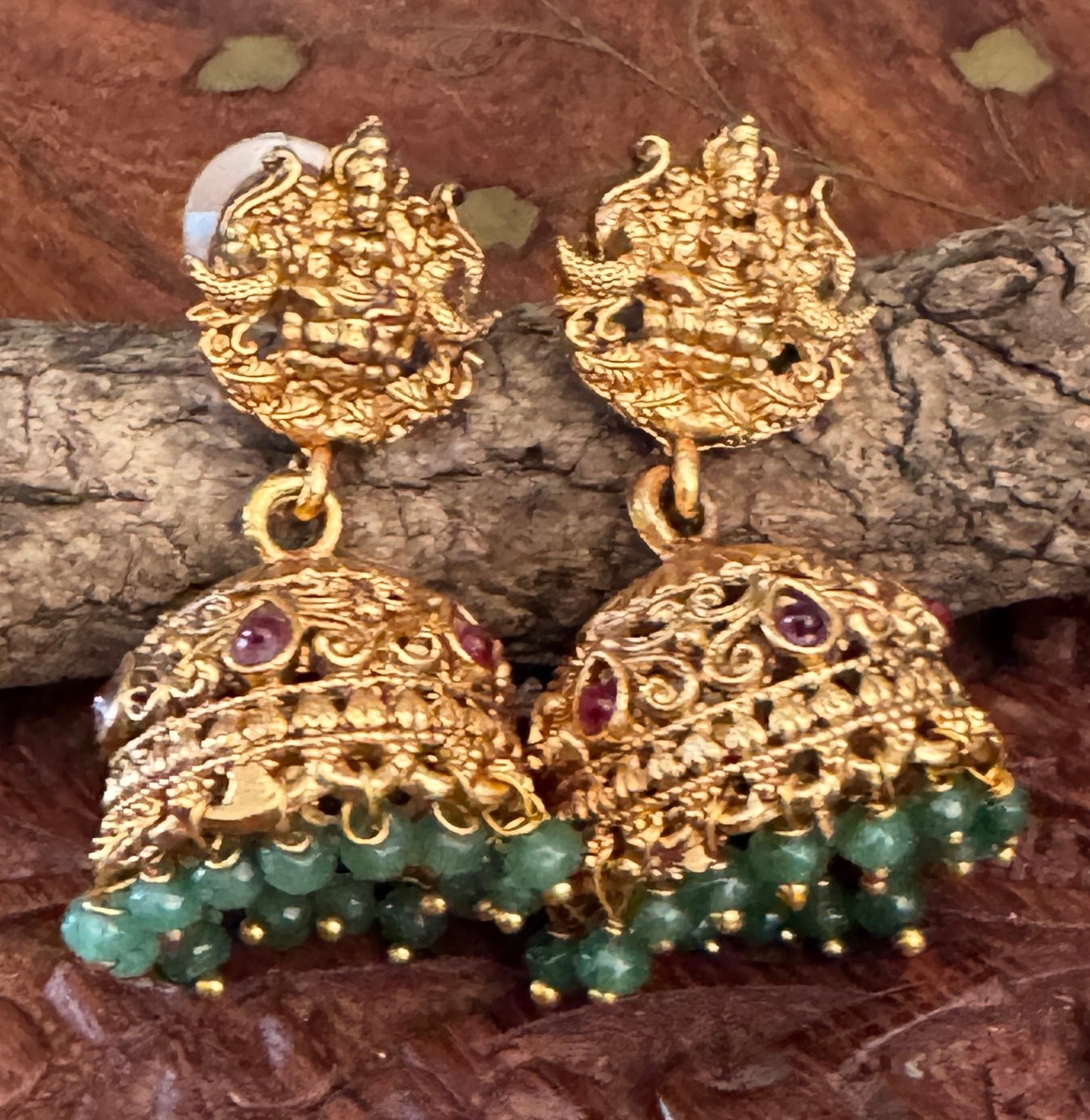 Gold Plated Long White Beaded Temple jewellery Set - Lakshmi Pendant and Jhumka