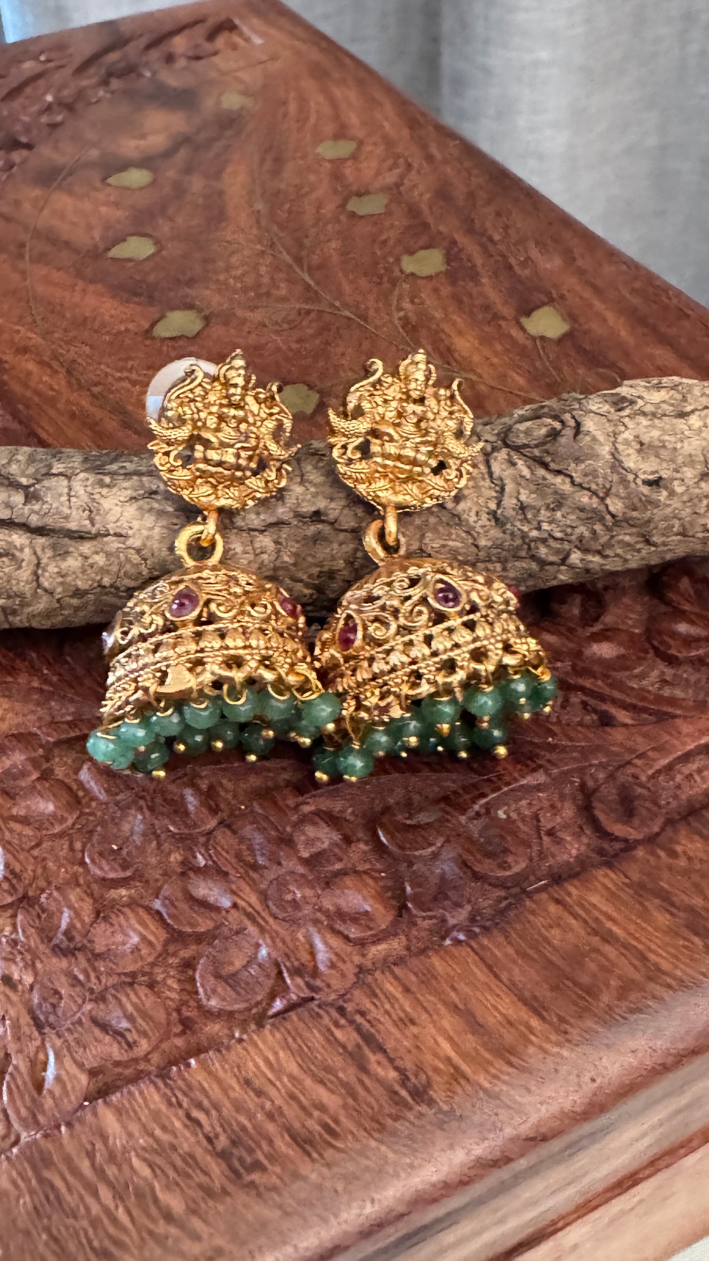 Gold Plated Long Green Beaded Temple jewellery Set and Jhumka