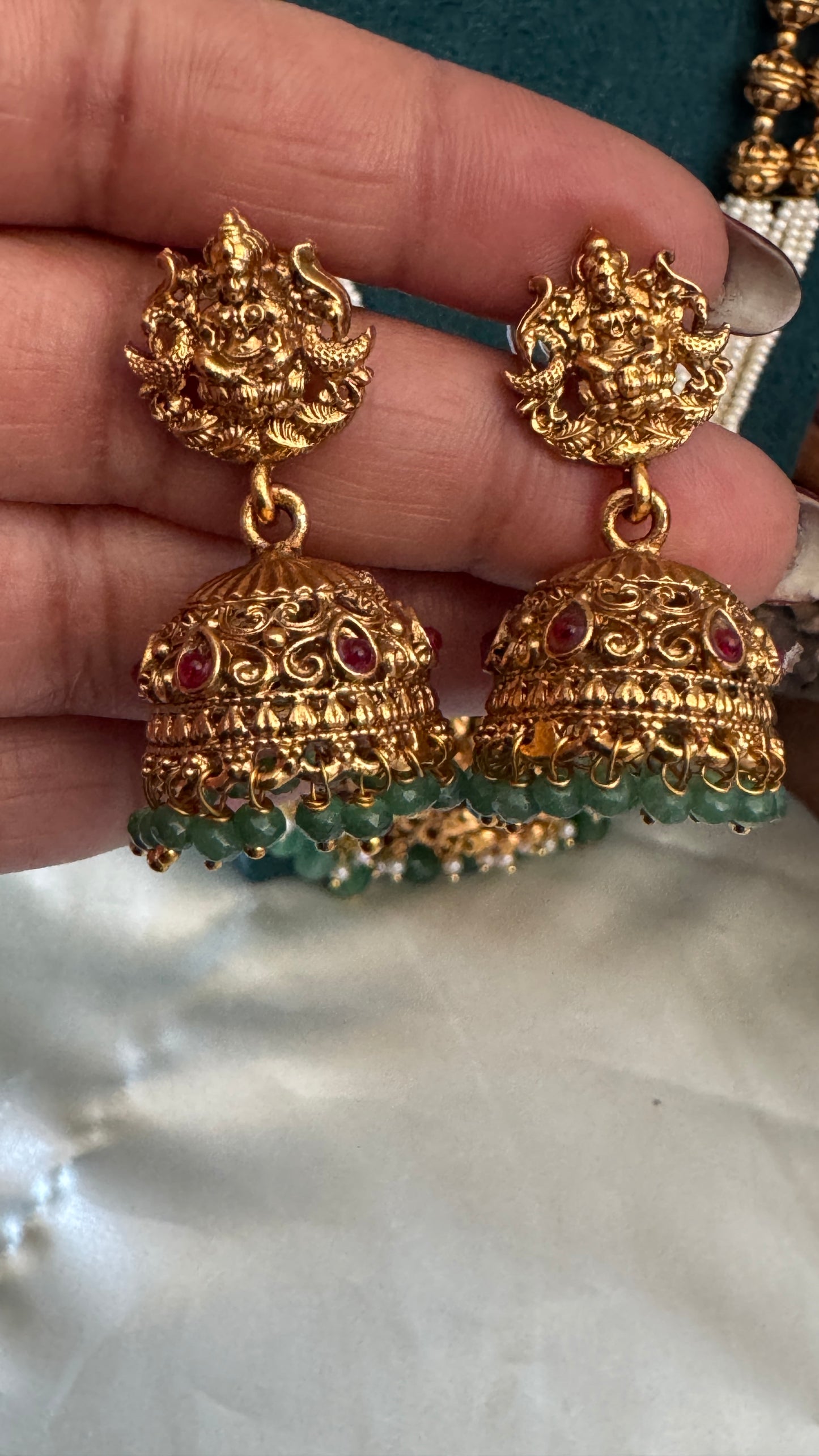 Gold Plated Long White Beaded Temple jewellery Set - Lakshmi Pendant and Jhumka