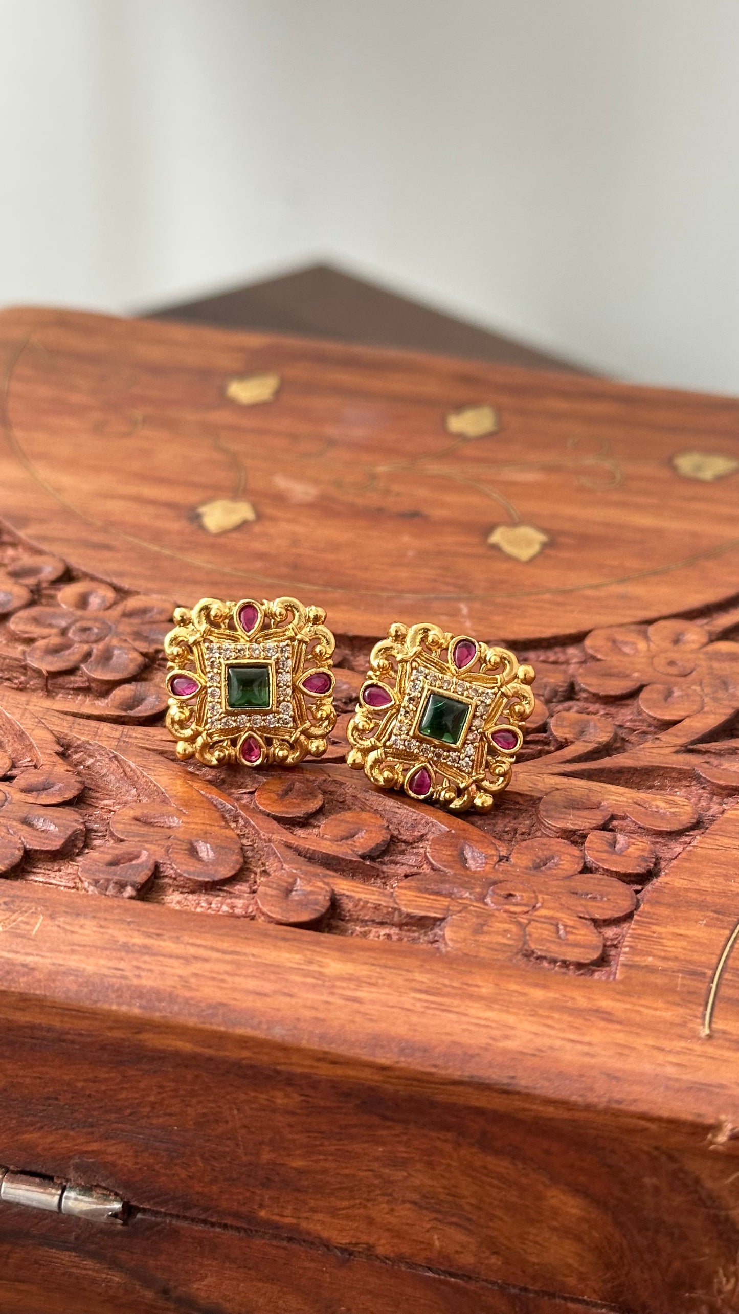Gold Plated with Ruby & Emerald Stone Stud