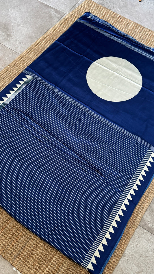 Blue Modal Satin Saree with Temple Printed Border & Circle Design Pallu