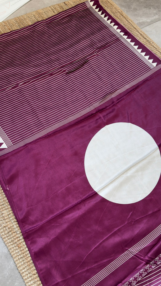 Wine Modal Satin Saree with Temple Printed Border & Circle Design Pallu