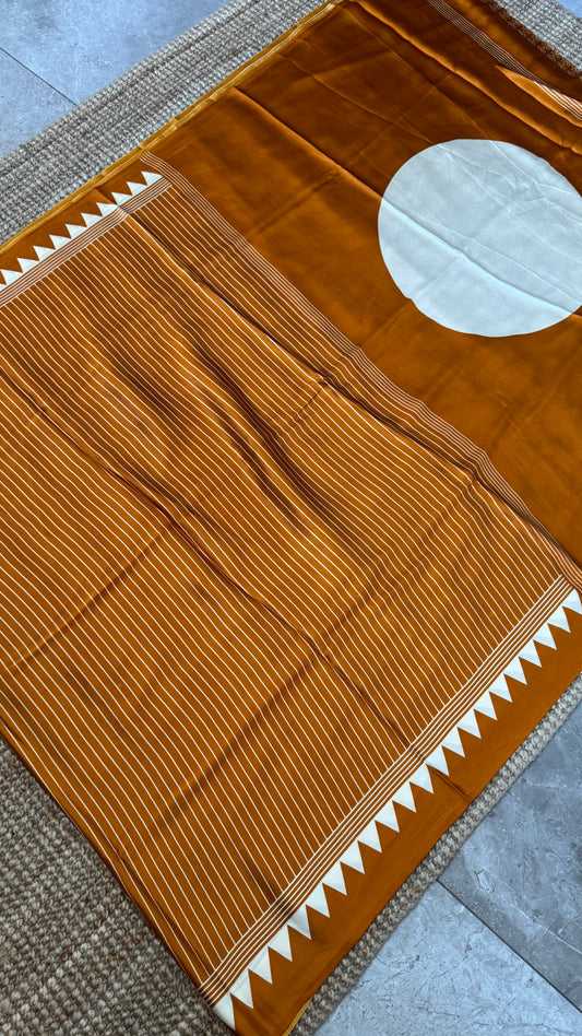 Mustard Modal Satin Saree with Temple Printed Border & Circle Design Pallu