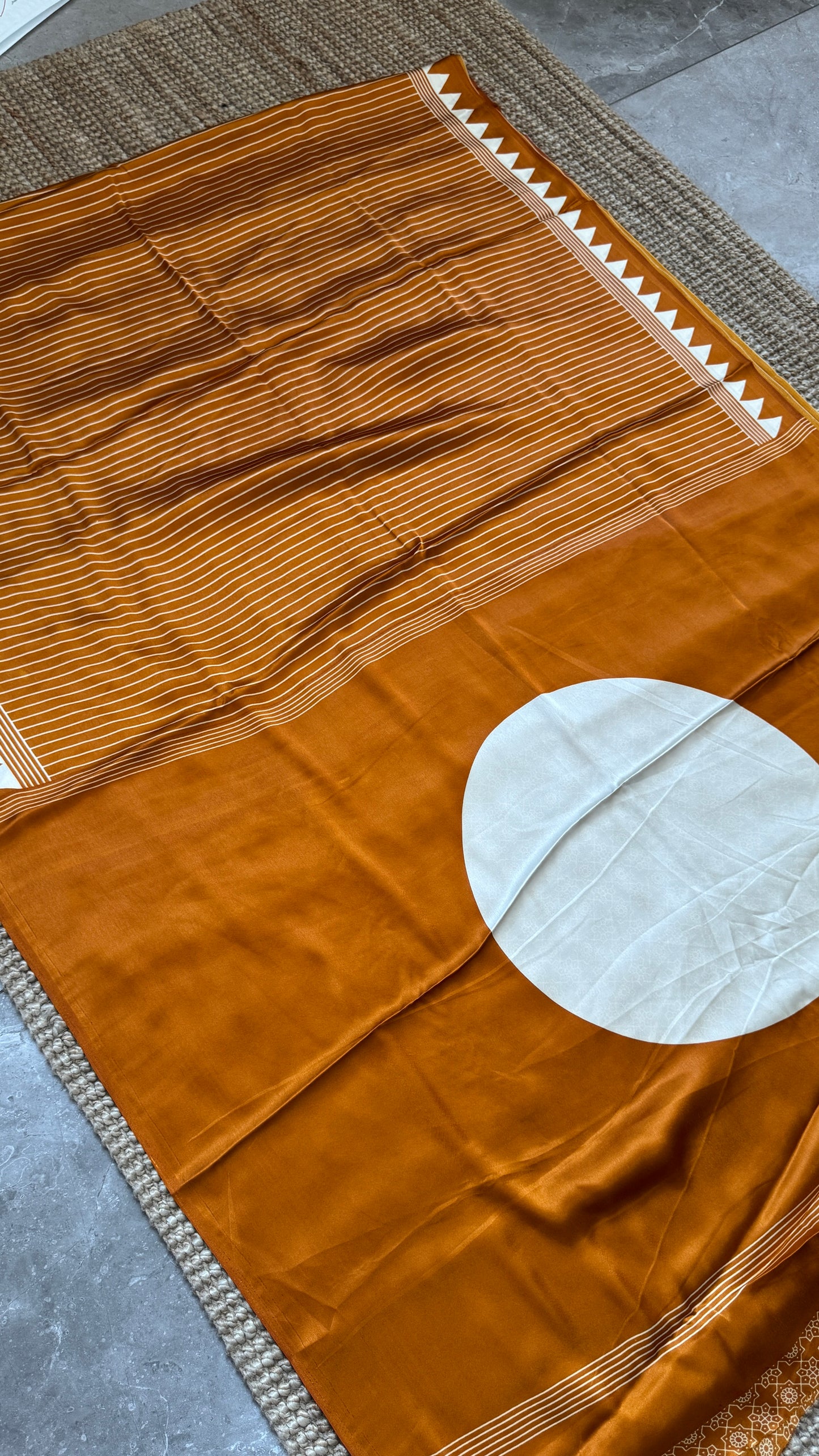 Mustard Modal Satin Saree with Temple Printed Border & Circle Design Pallu