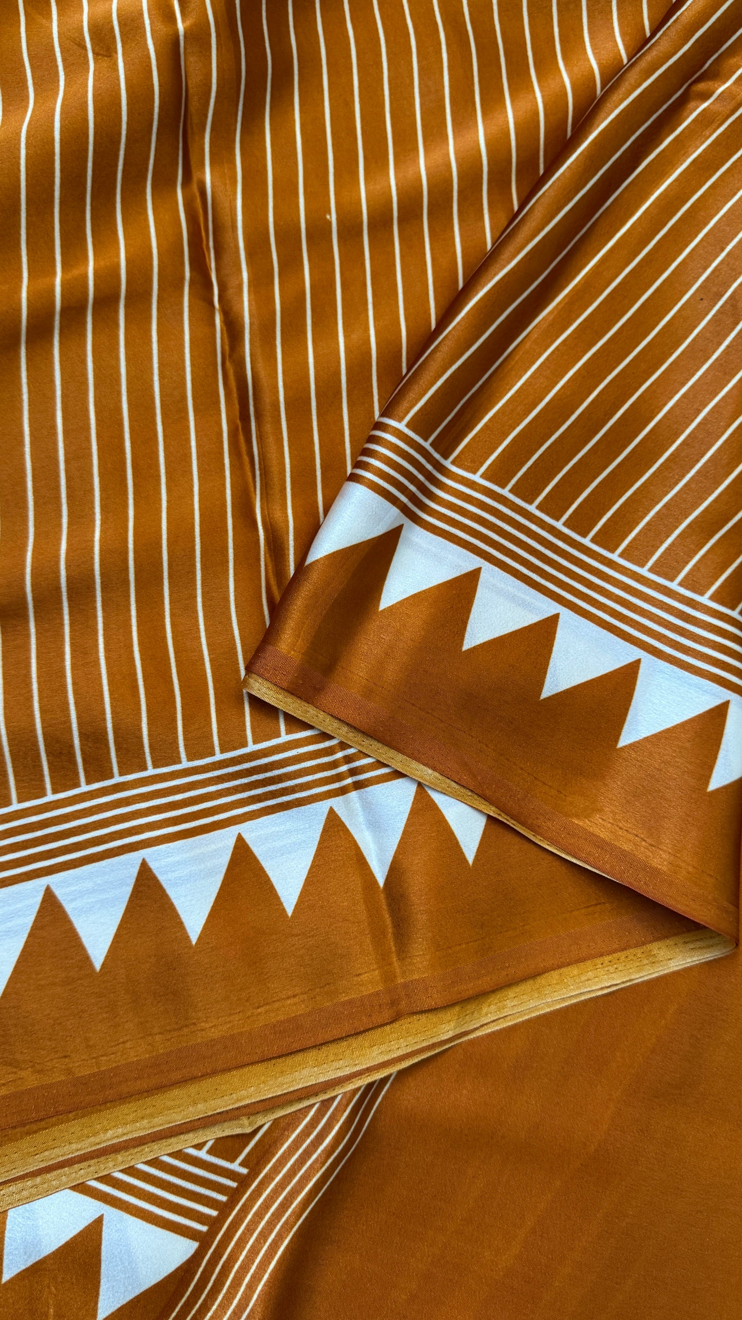 Mustard Modal Satin Saree with Temple Printed Border & Circle Design Pallu