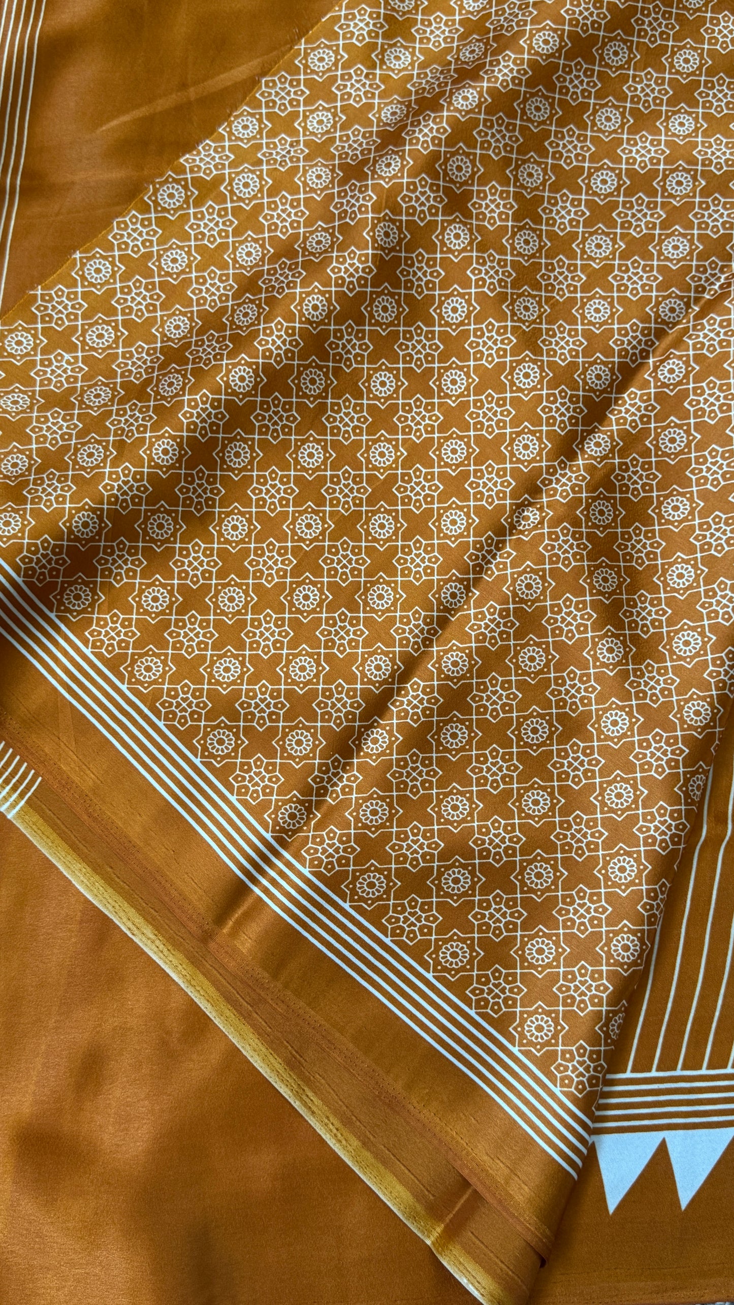 Mustard Modal Satin Saree with Temple Printed Border & Circle Design Pallu