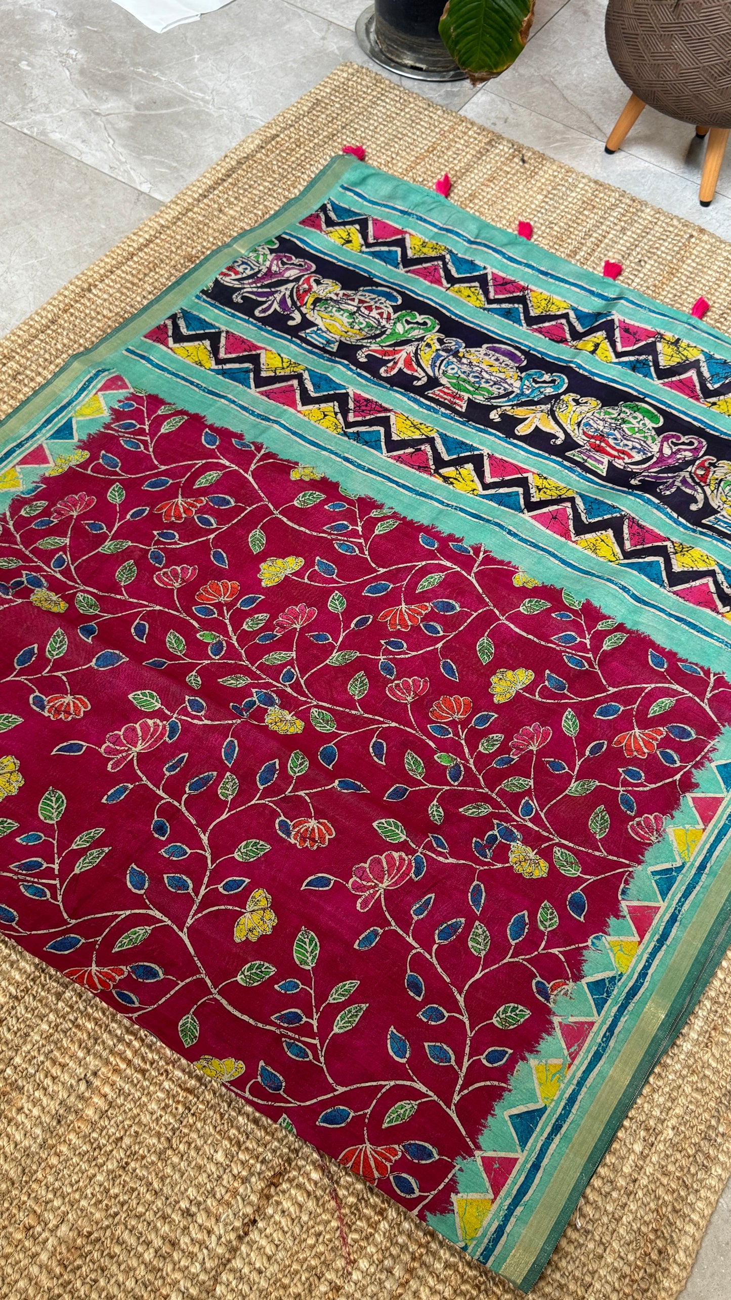 Pure Chanderi Cotton Silk Saree – Digital Batik Floral Print with Zari Border