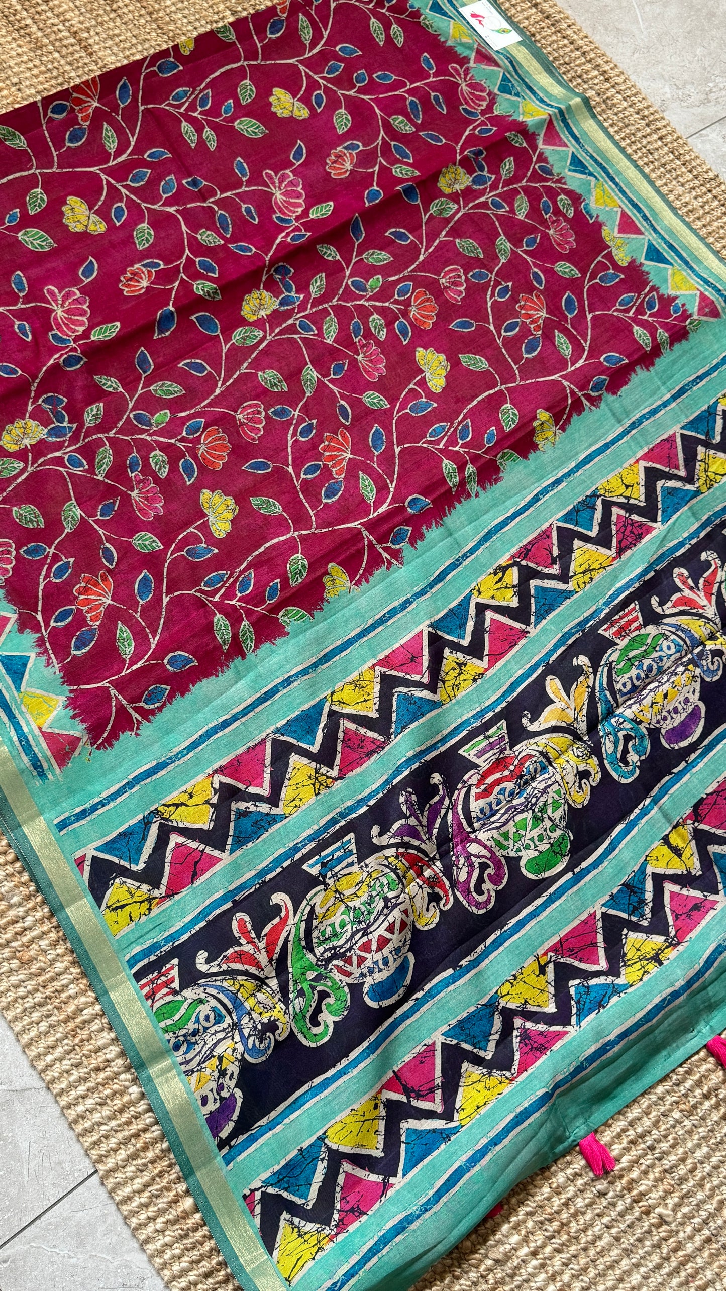 Pure Chanderi Cotton Silk Saree – Digital Batik Floral Print with Zari Border