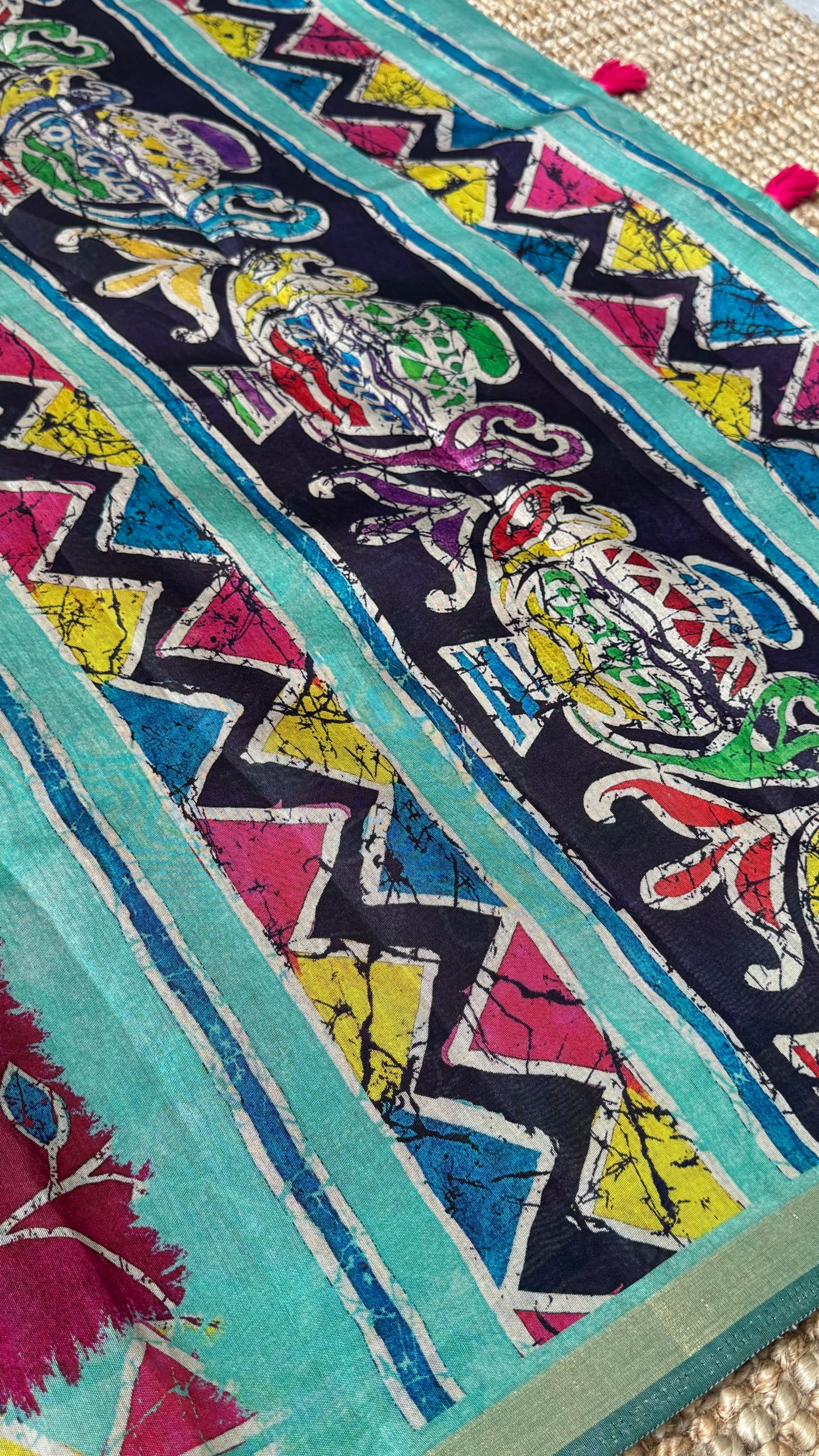 Pure Chanderi Cotton Silk Saree – Digital Batik Floral Print with Zari Border