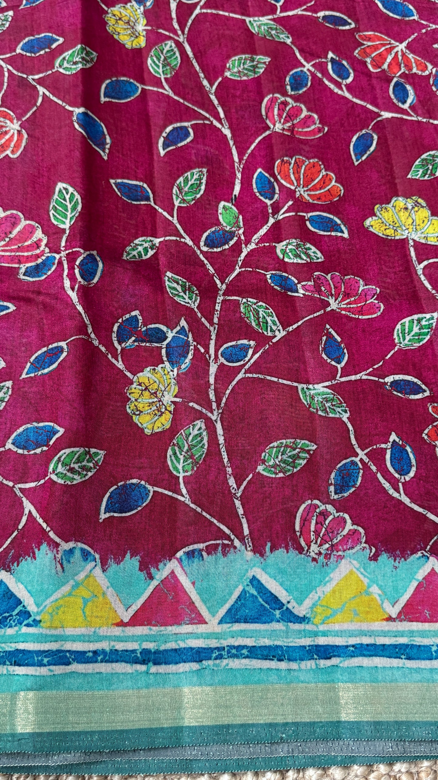 Pure Chanderi Cotton Silk Saree – Digital Batik Floral Print with Zari Border