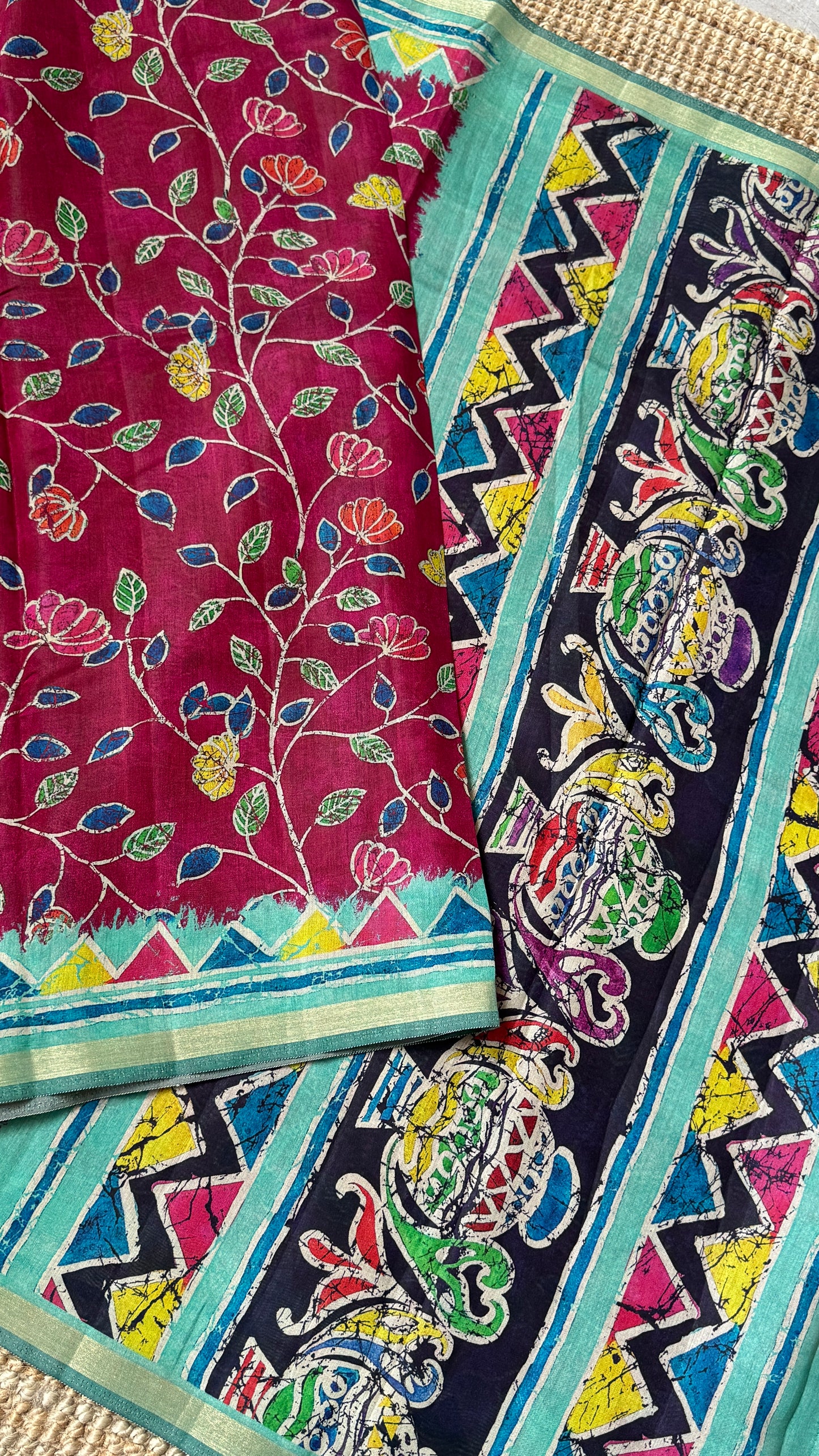 Pure Chanderi Cotton Silk Saree – Digital Batik Floral Print with Zari Border