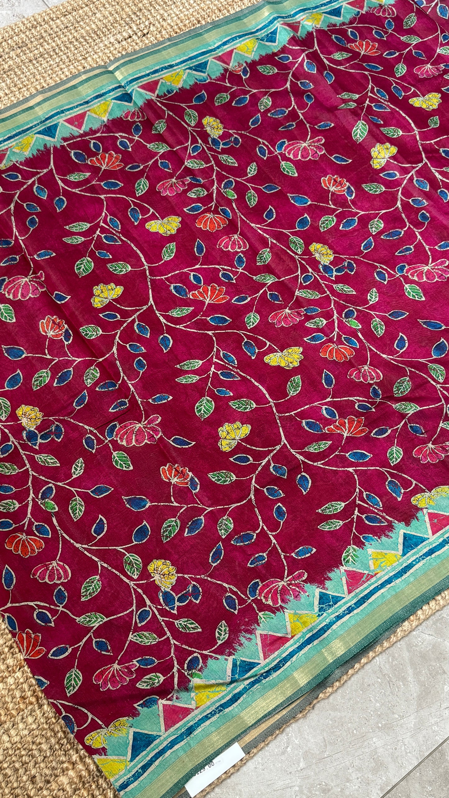 Pure Chanderi Cotton Silk Saree – Digital Batik Floral Print with Zari Border
