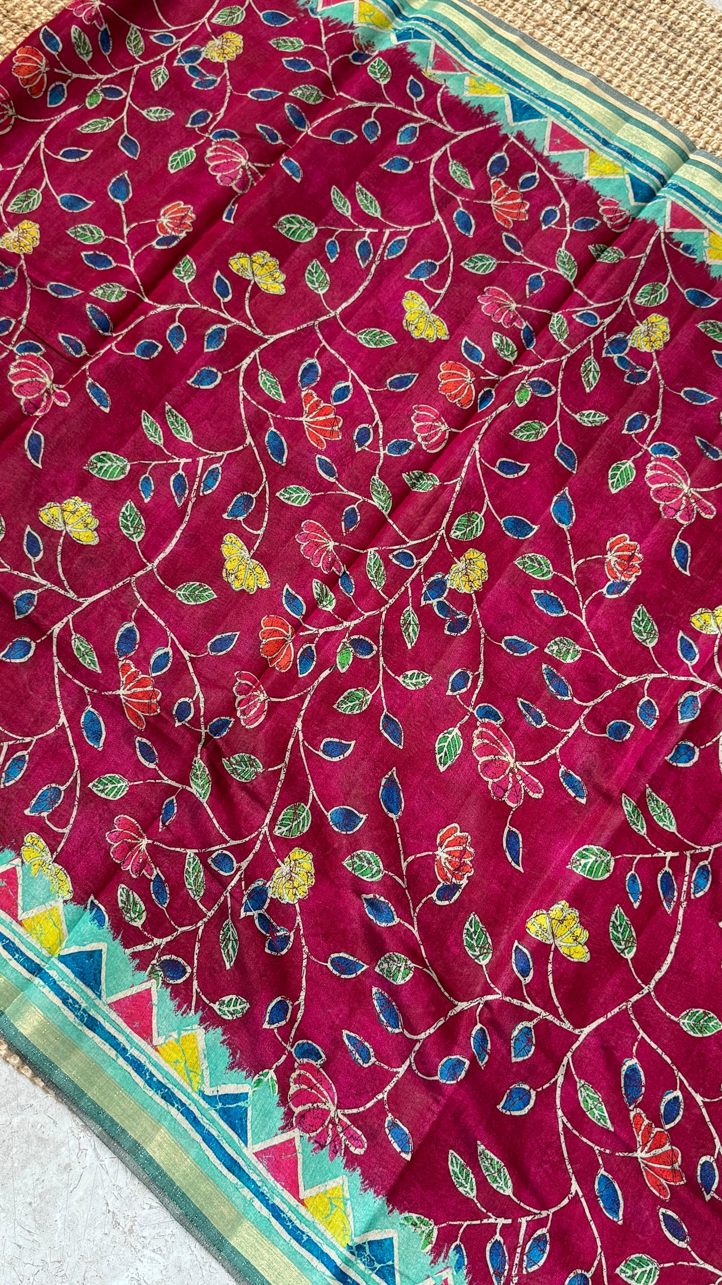 Pure Chanderi Cotton Silk Saree – Digital Batik Floral Print with Zari Border