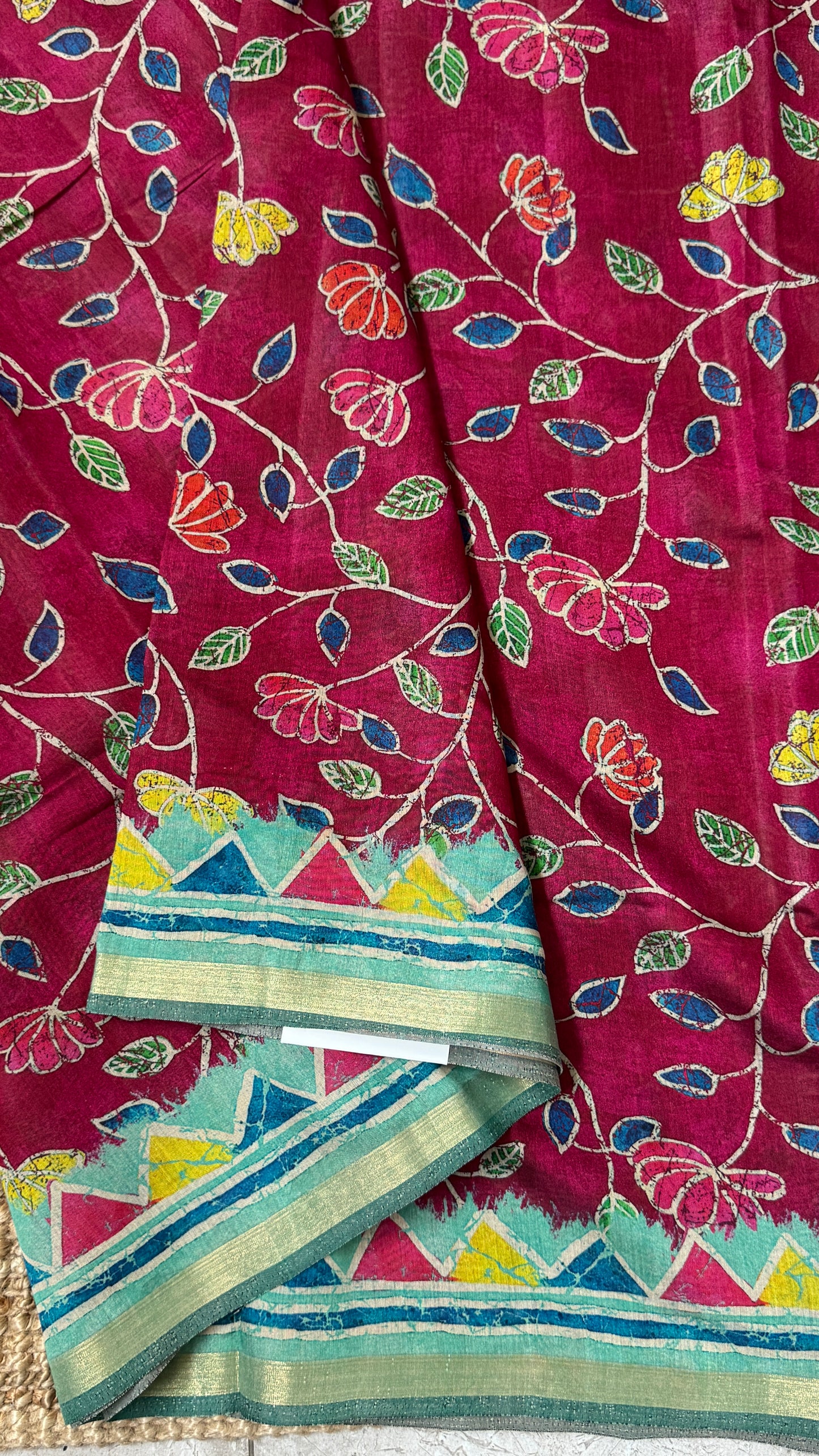 Pure Chanderi Cotton Silk Saree – Digital Batik Floral Print with Zari Border