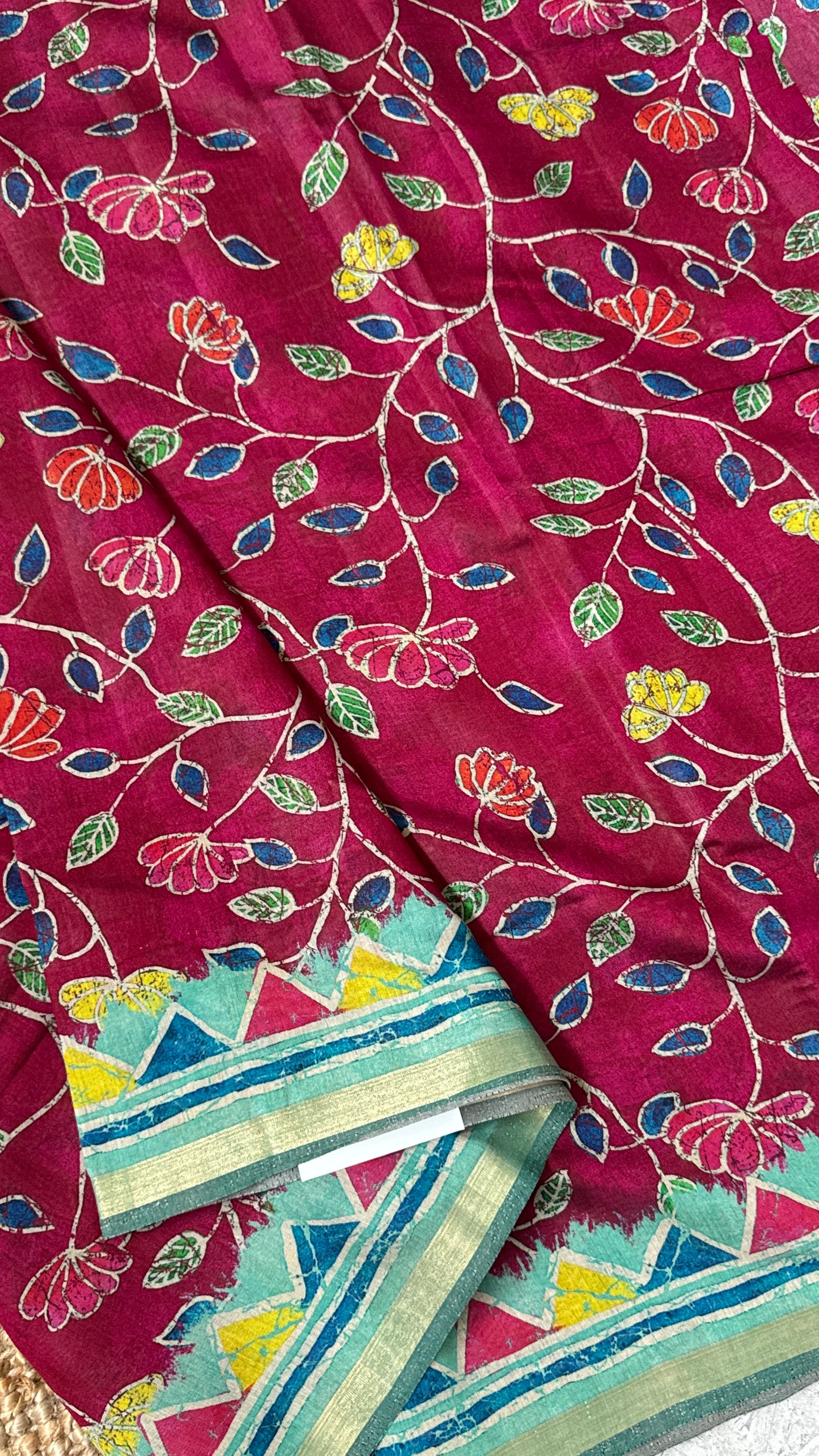 Pure Chanderi Cotton Silk Saree – Digital Batik Floral Print with Zari Border