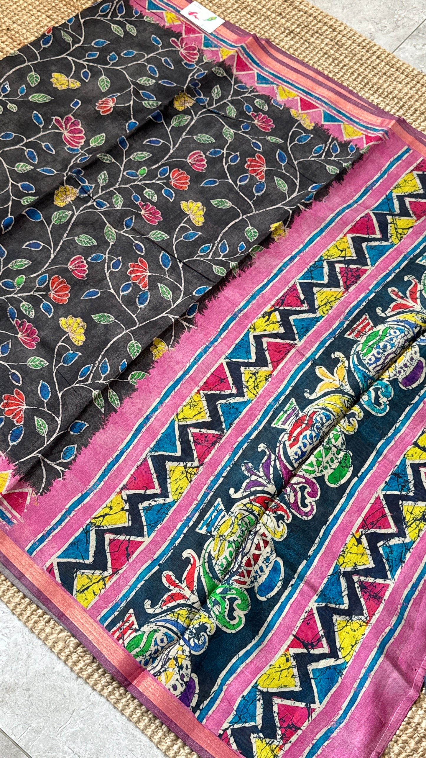 Pure Chanderi Cotton Silk Saree – Digital Batik Floral Print with Zari Border
