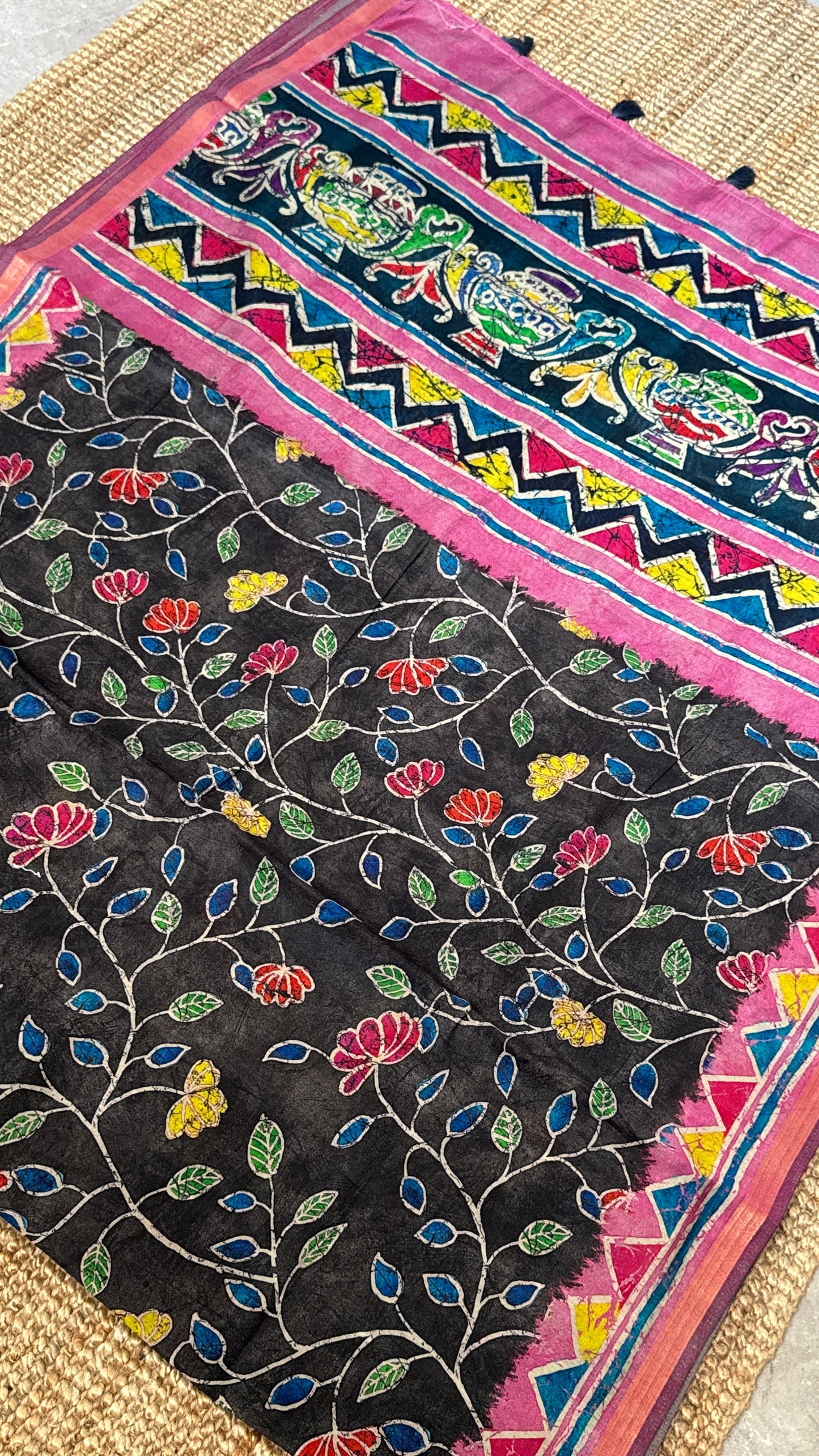 Pure Chanderi Cotton Silk Saree – Digital Batik Floral Print with Zari Border