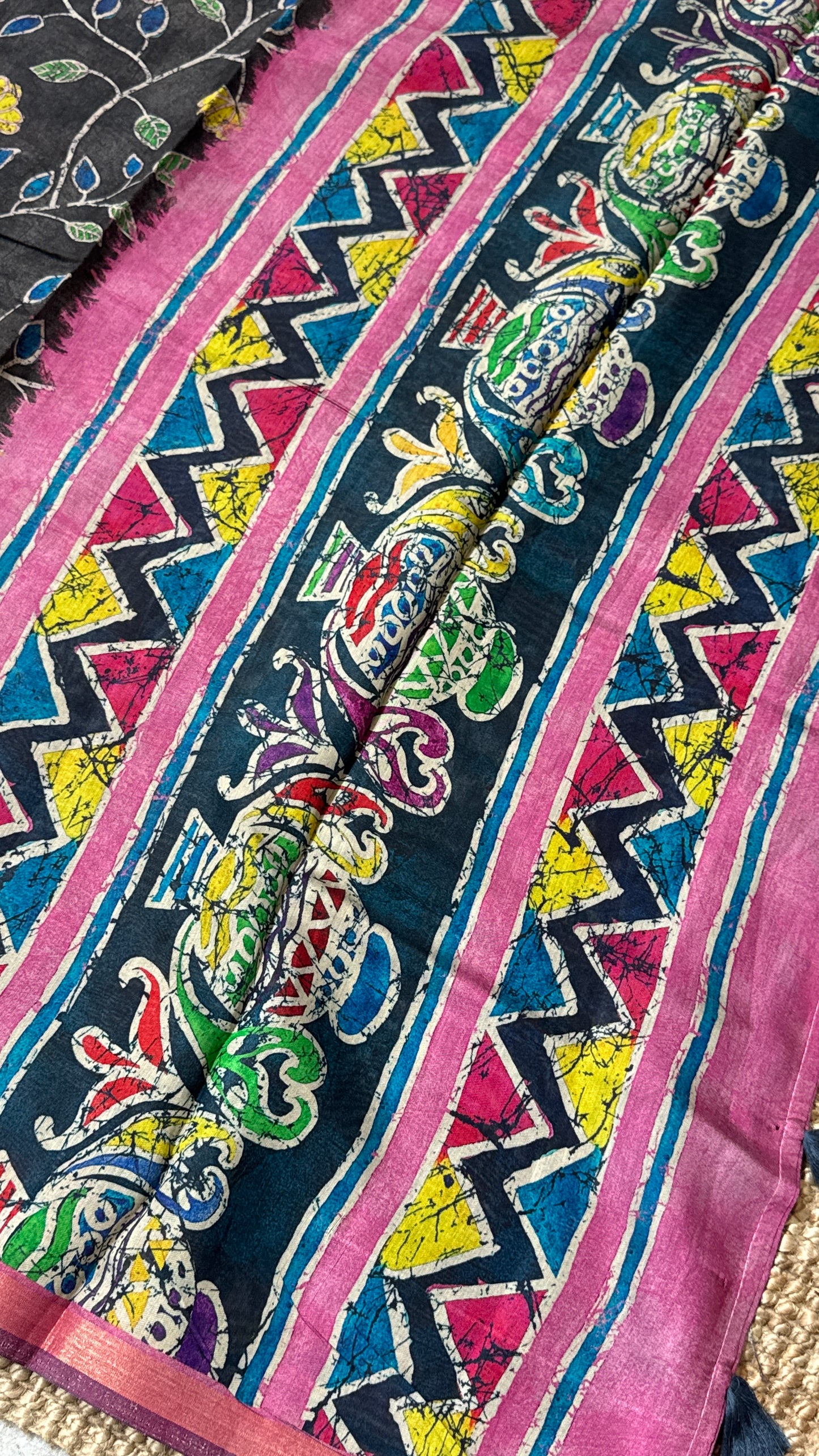 Pure Chanderi Cotton Silk Saree – Digital Batik Floral Print with Zari Border