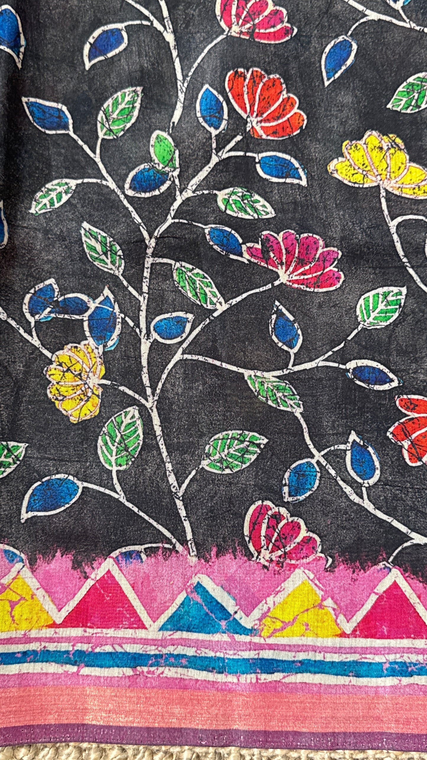 Pure Chanderi Cotton Silk Saree – Digital Batik Floral Print with Zari Border