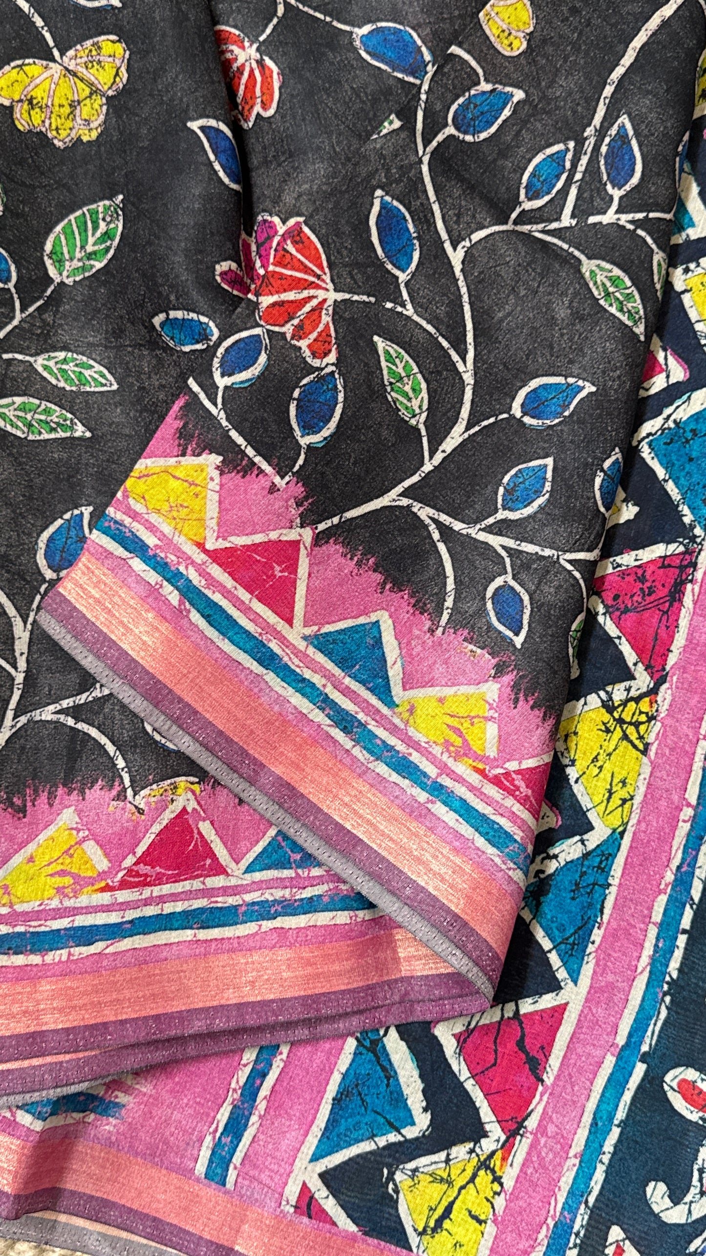 Pure Chanderi Cotton Silk Saree – Digital Batik Floral Print with Zari Border