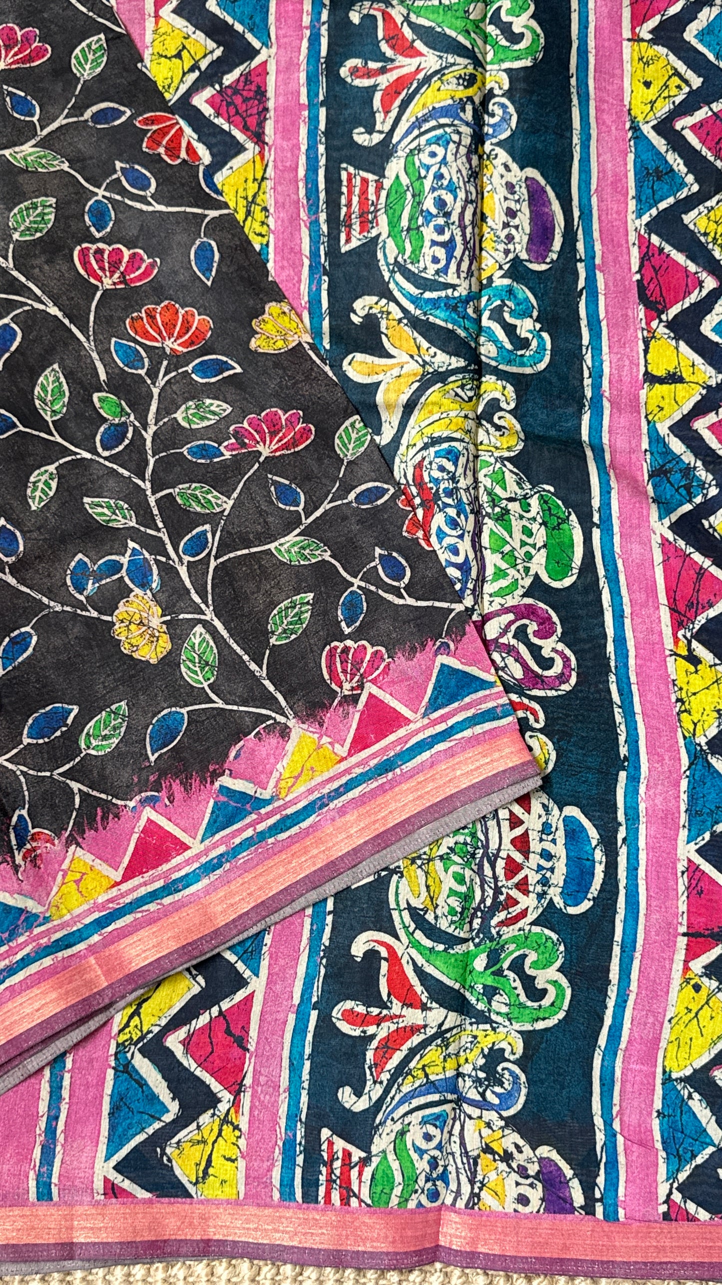 Pure Chanderi Cotton Silk Saree – Digital Batik Floral Print with Zari Border
