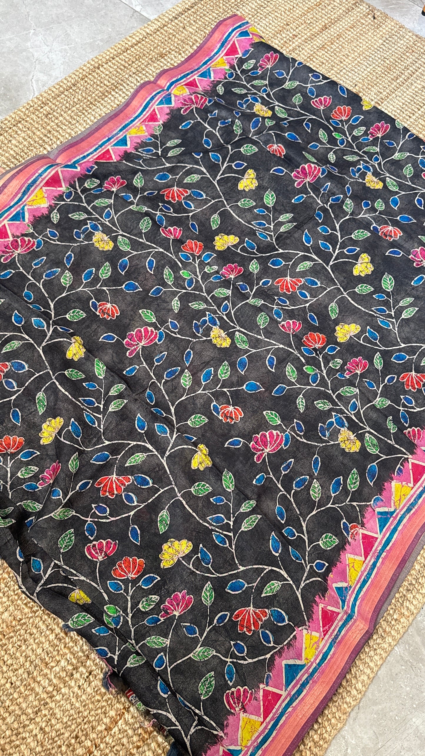 Pure Chanderi Cotton Silk Saree – Digital Batik Floral Print with Zari Border