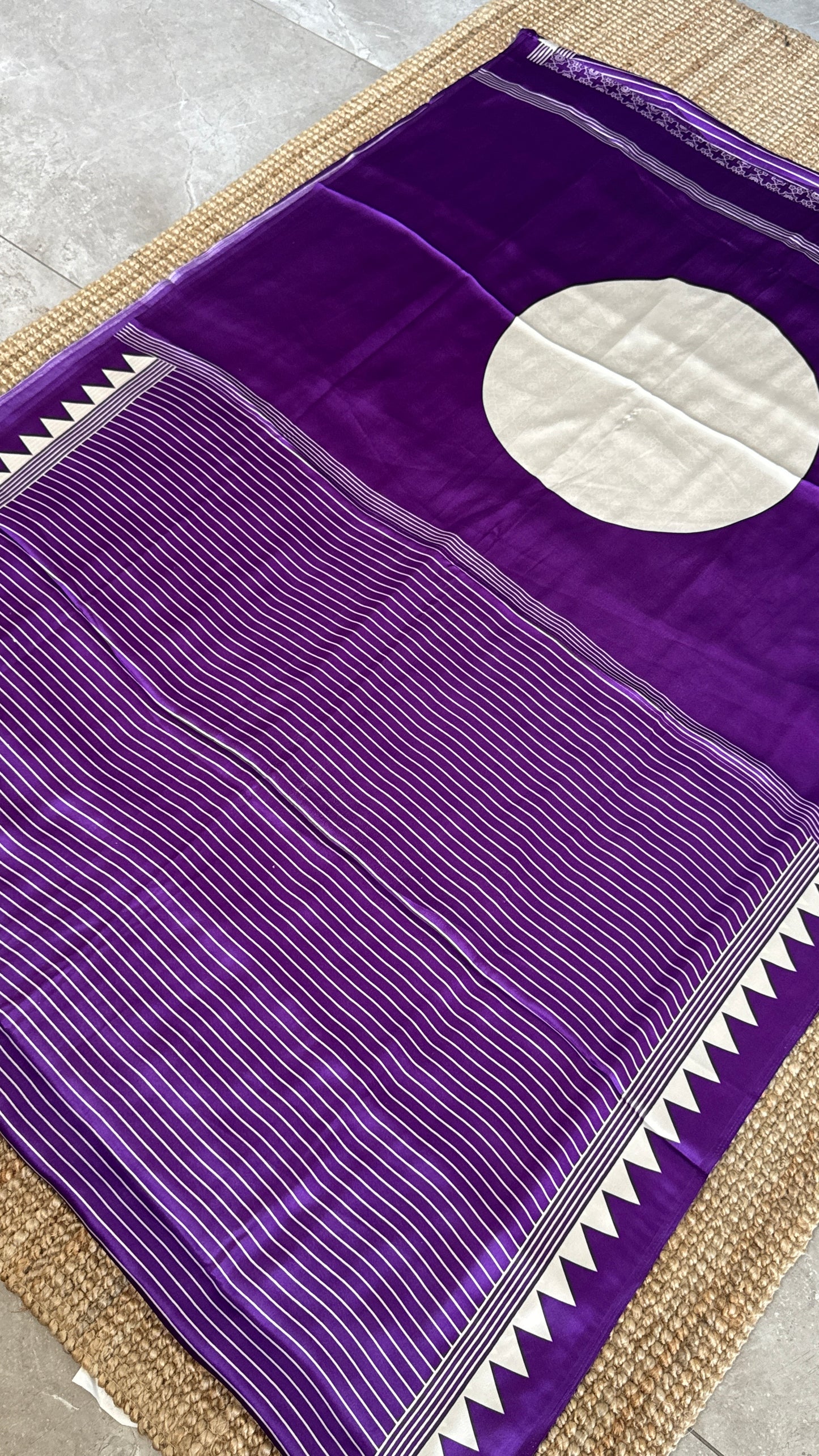 Purple Modal Satin Saree with Temple Printed Border & Circle Design Pallu