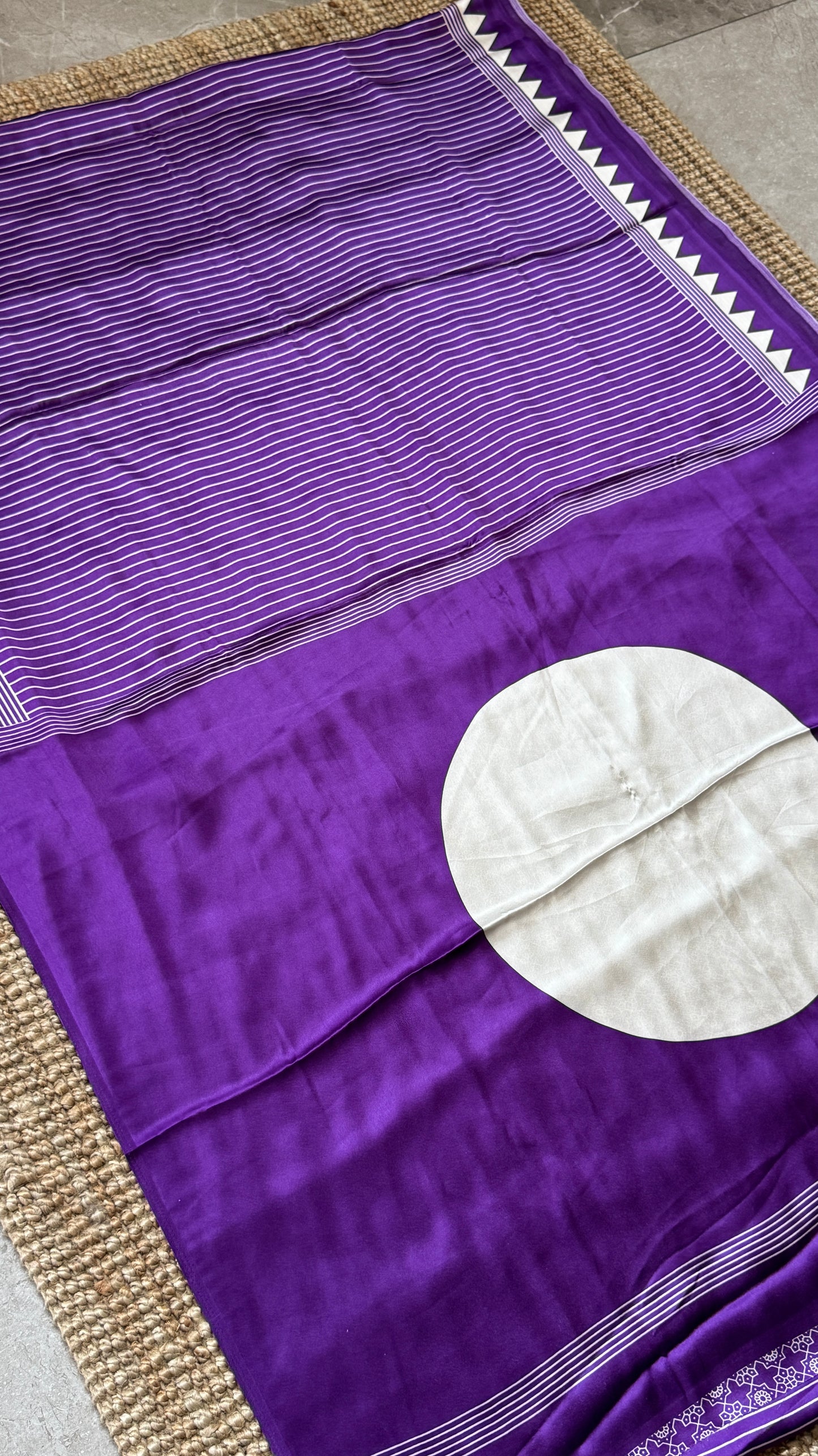 Purple Modal Satin Saree with Temple Printed Border & Circle Design Pallu
