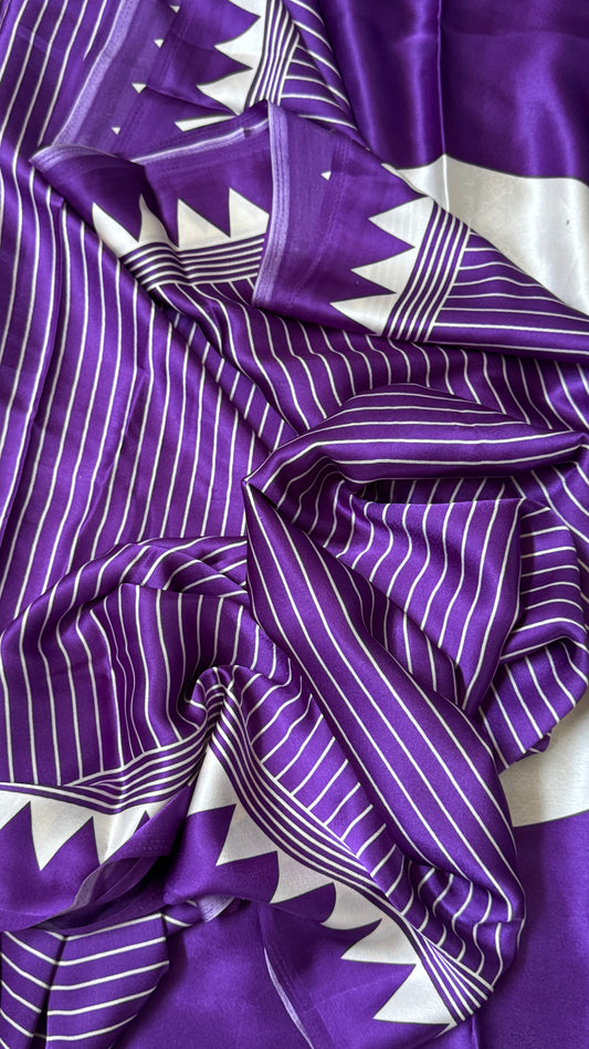 Purple Modal Satin Saree with Temple Printed Border & Circle Design Pallu