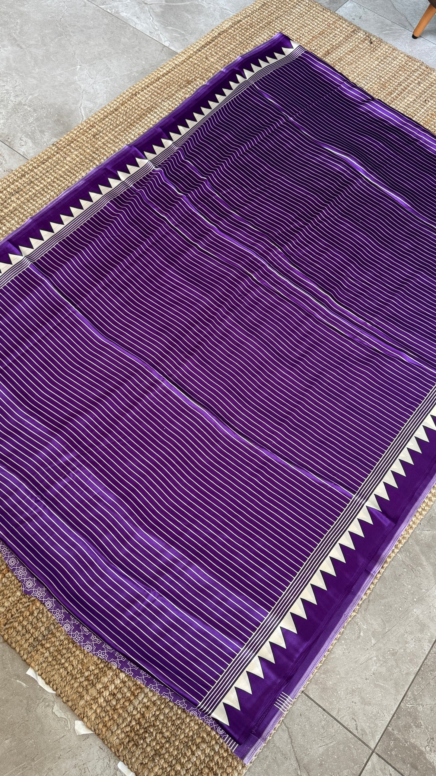 Purple Modal Satin Saree with Temple Printed Border & Circle Design Pallu