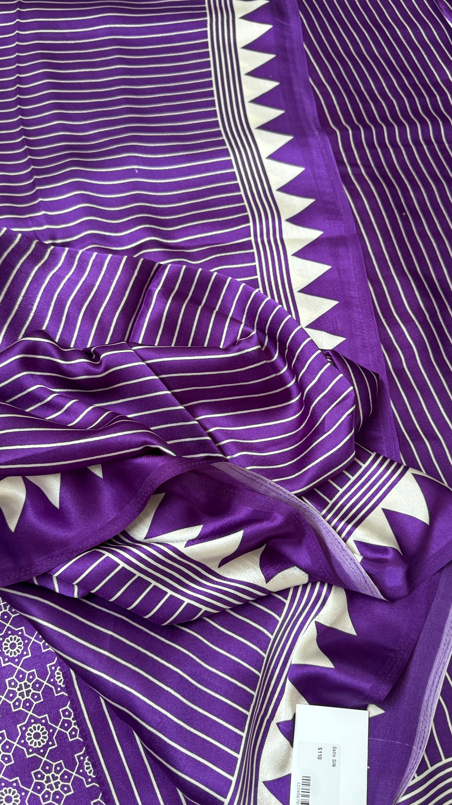 Purple Modal Satin Saree with Temple Printed Border & Circle Design Pallu