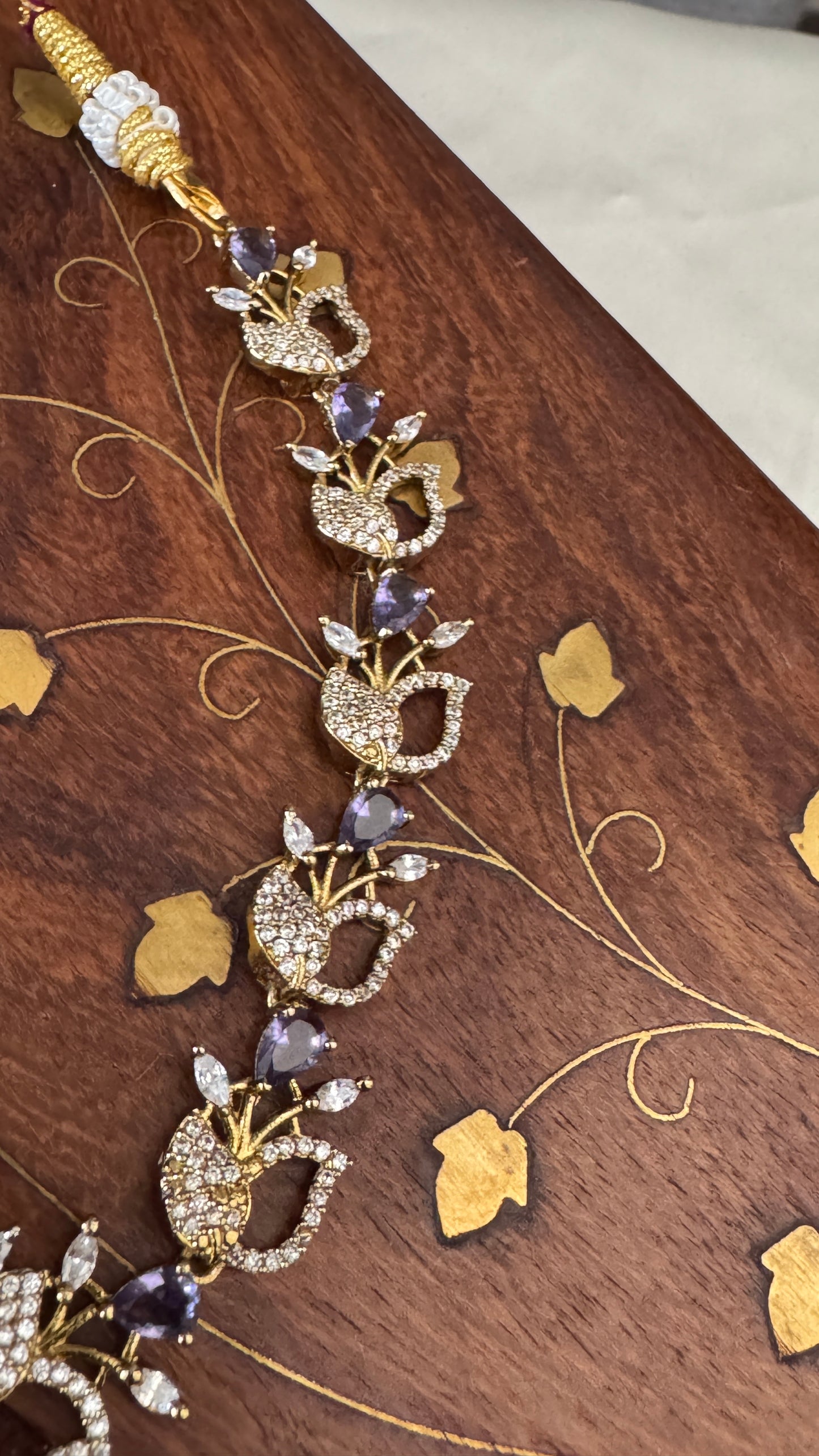 Handcrafted Necklace and Earring Set with AD Stones - White and Purple stones