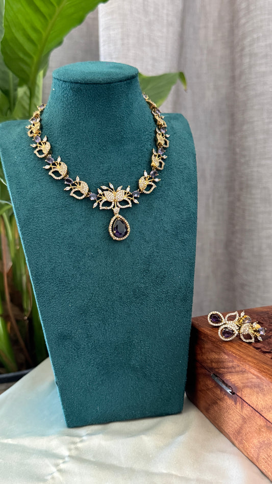 Handcrafted Necklace and Earring Set with AD Stones - White and Purple stones