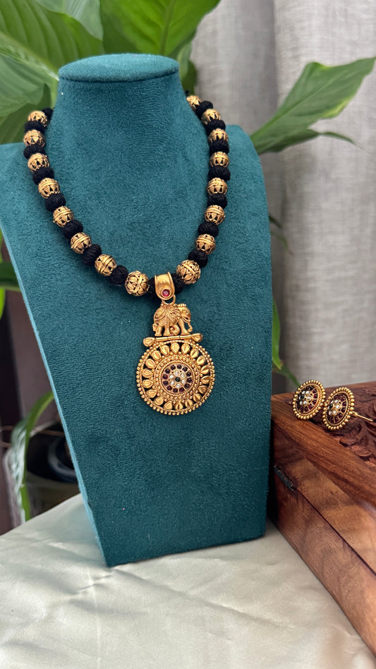 Elephant Black Bead Thread Necklace