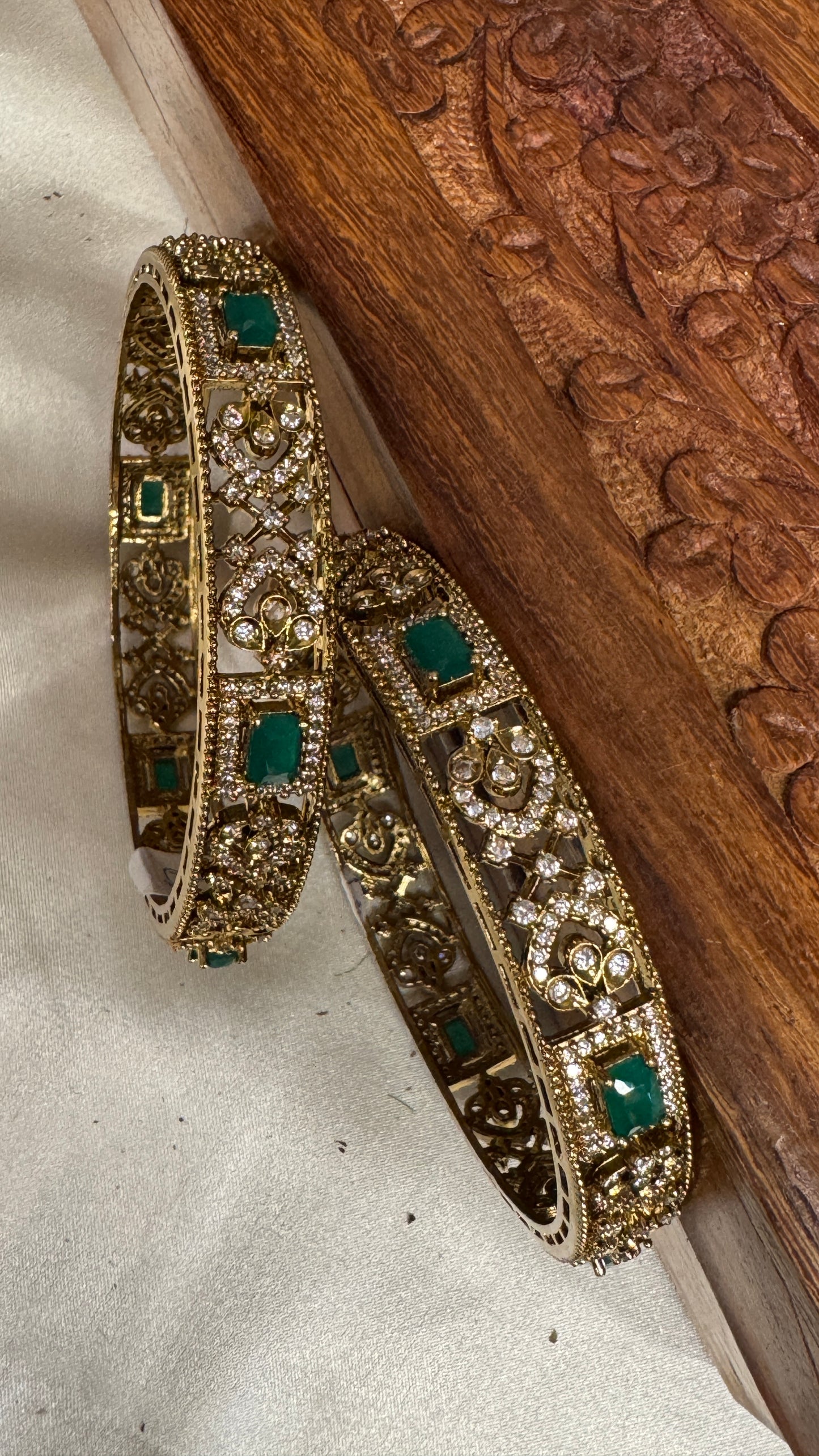 Antique gold plated Victorian Stone Bangle Set - Green Stones