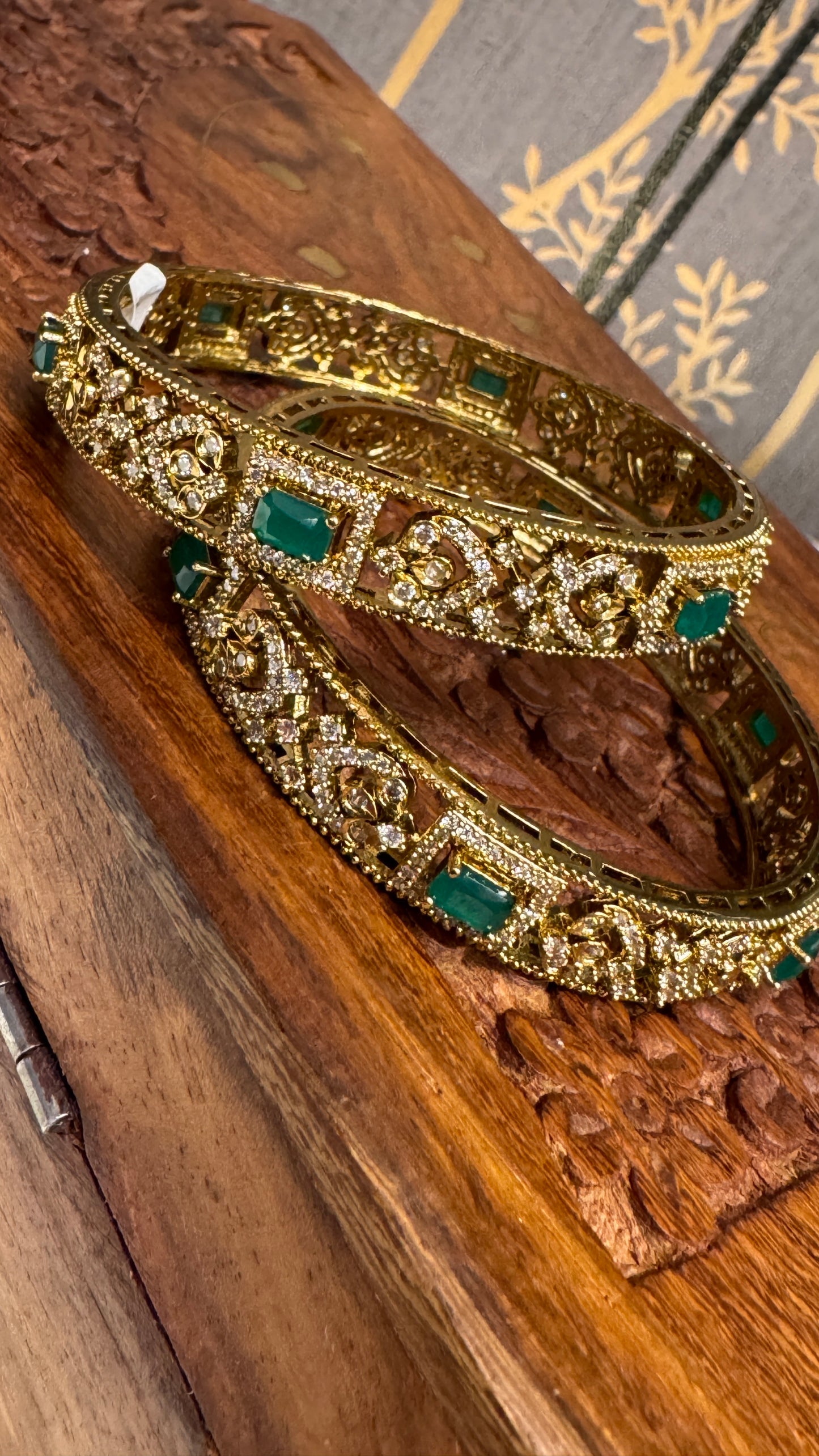Antique gold plated Victorian Stone Bangle Set - Green Stones