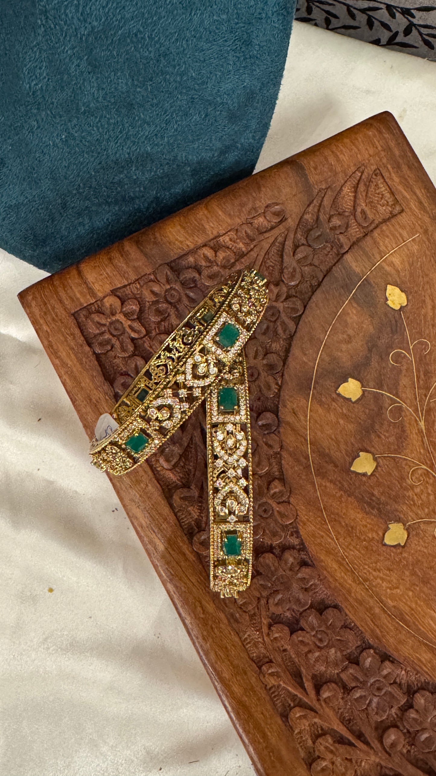 Antique gold plated Victorian Stone Bangle Set - Green Stones